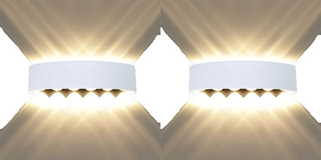 Zestaw dwóch wewnętrznych lamp ściennych LED, 12 W, ciepłe białe światło 3000 K, wodoodporne, idealne do ogrodów, willi i na balkony.