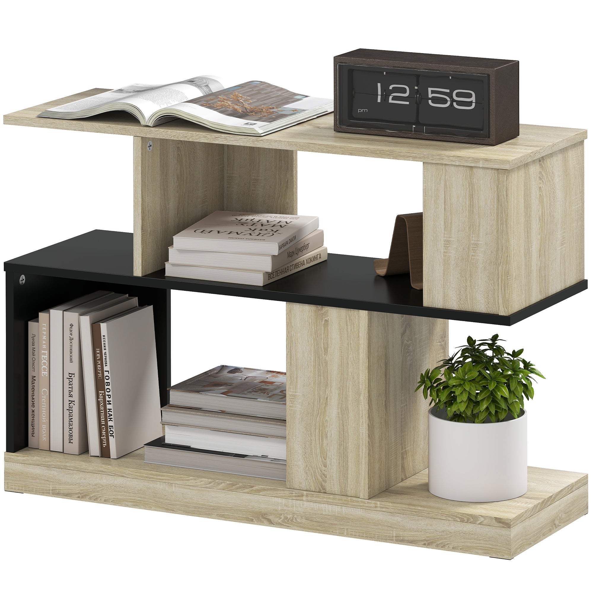 Stolik pomocniczy w kształcie litery S, stolik końcowy z 3 półkami, 90 x 30 x 61 cm, naturalny czarny imitacja drewna