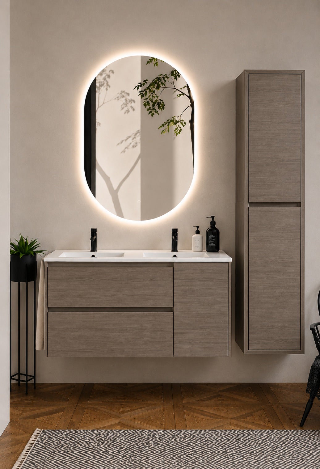 Szafka łazienkowa z umywalką ORIGENBATH ITACA bez lustra 120x45 cm podwójna umywalka dąb smoky z kolumną