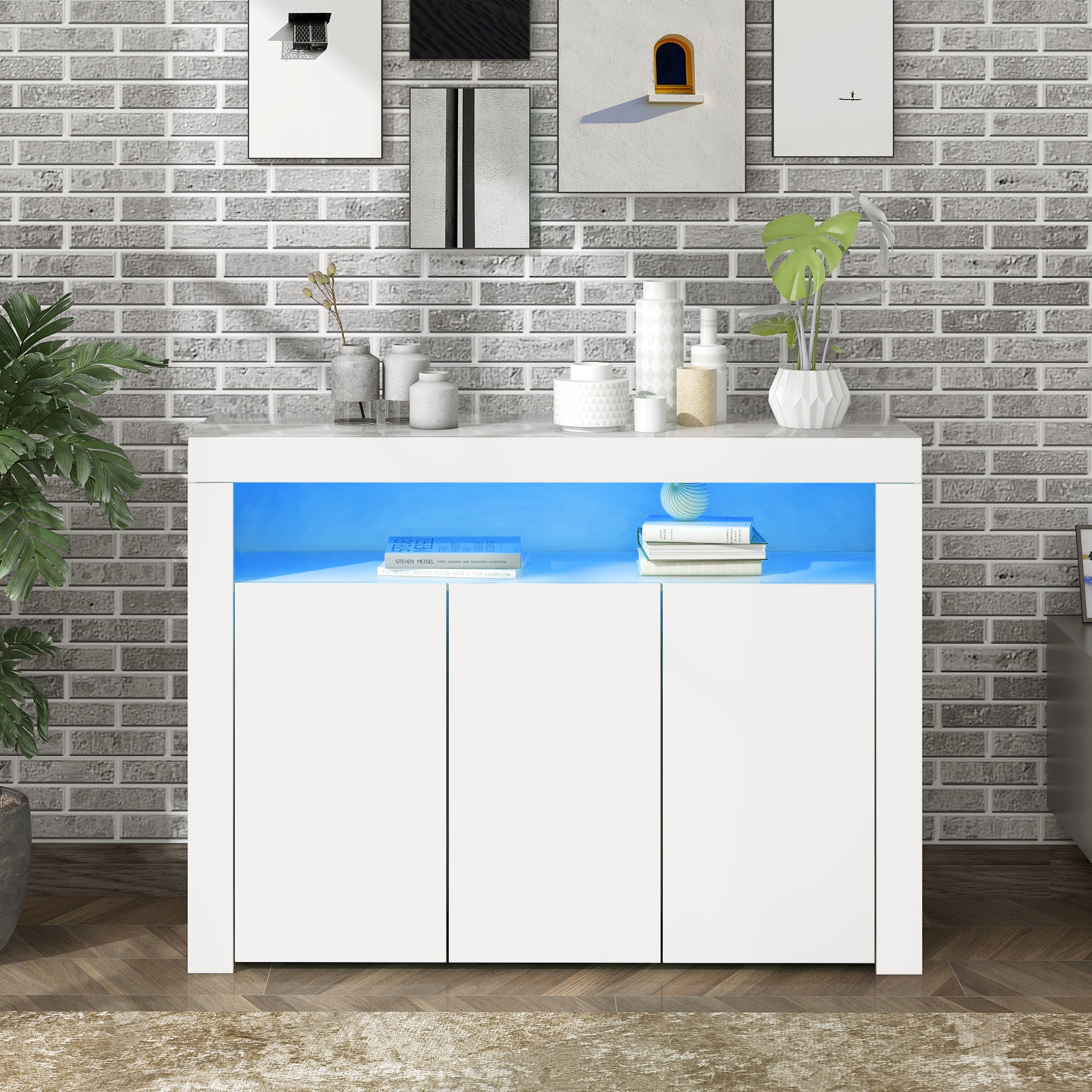 Komoda niska z 3 drzwiami i 1 przegrodą - 130 x 35 x 95 cm - Płyta wiórowa - Diody LED - Kolor biały