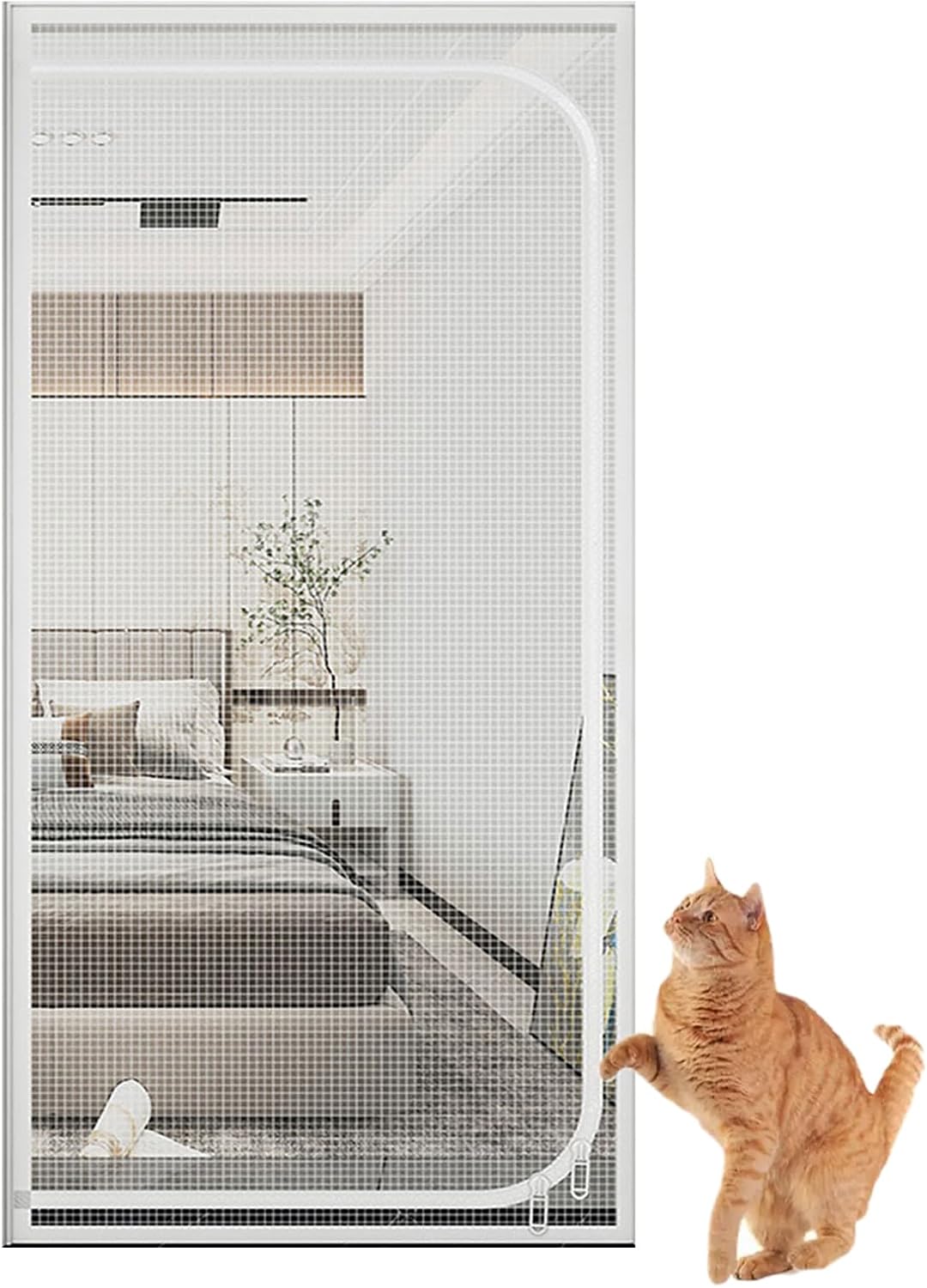 Drzwi z moskitierą dla zwierząt, zamykane na suwak, zapobiegające ucieczce kotów z salonu i sypialni, 90×200 cm, białe