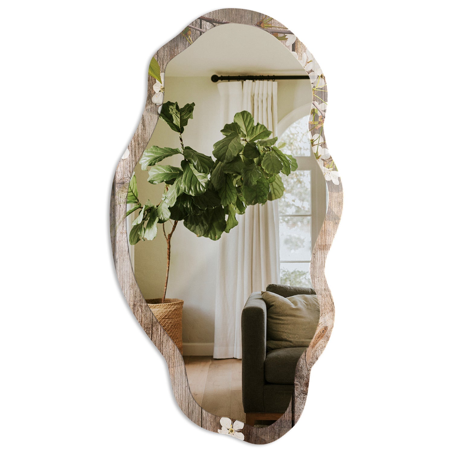 Lustro ozdobne premium z nadrukiem na szkle hartowanym - Kwiaty drewno 52x97cm