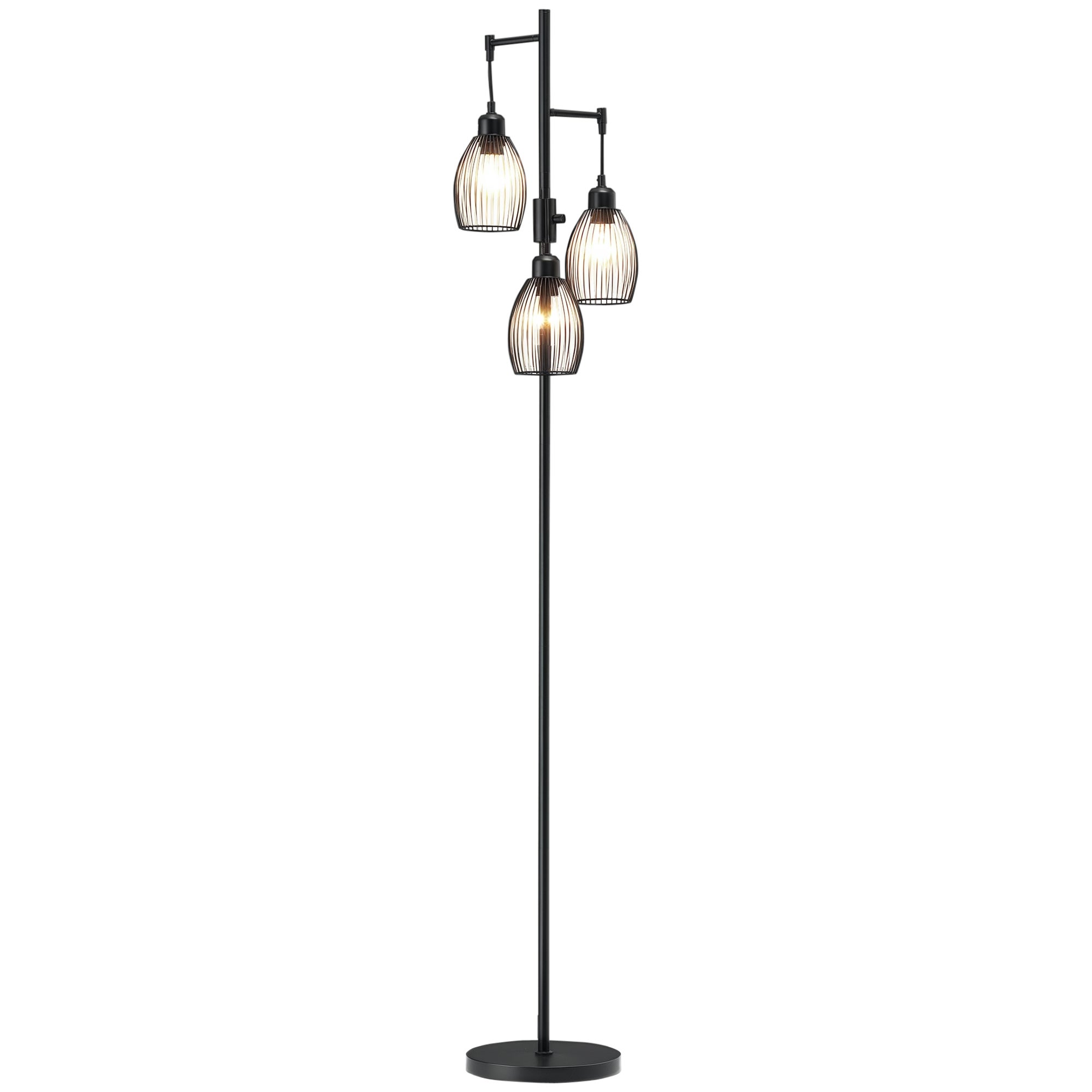Lampa podłogowa w stylu industrialnym, maks. 40 W, 3-żyłowe metalowe klosze, regulowana jasność, żarówka E27, czarna