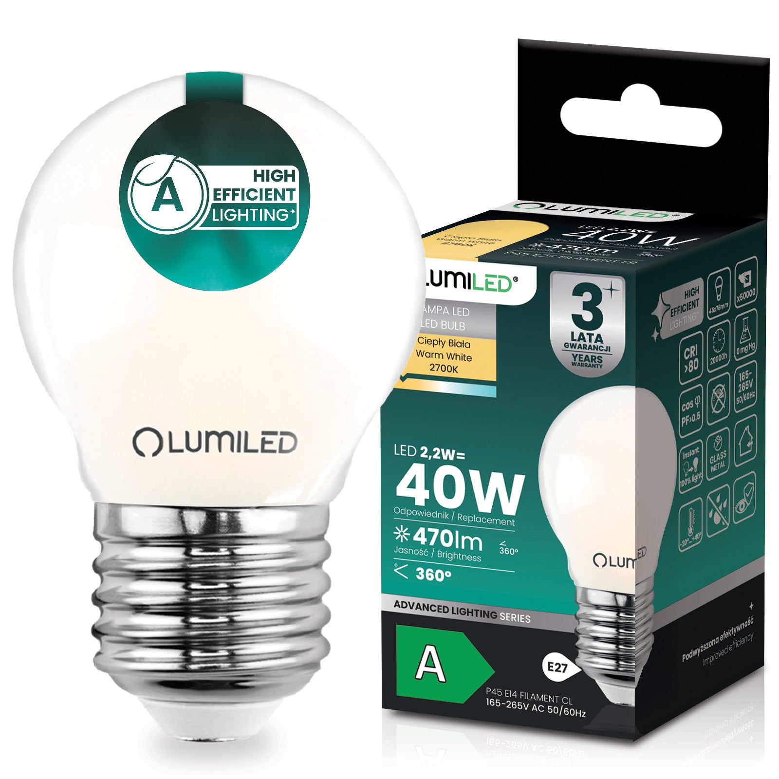 Żarówka LED Lumiled E27 Kulka P45 2.2 W 470 lm 2700K Ciepła biel 360st Filament KLASA A
