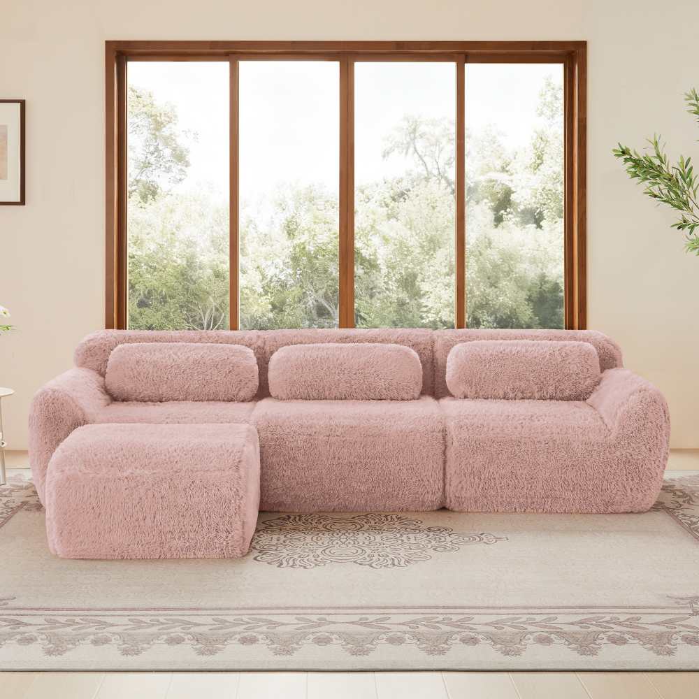 Modułowa sofa w kształcie litery L z ultramiękkiego pluszu, głęboka i bezramowa, z poduszkami, wygodna do salonu i sypialni