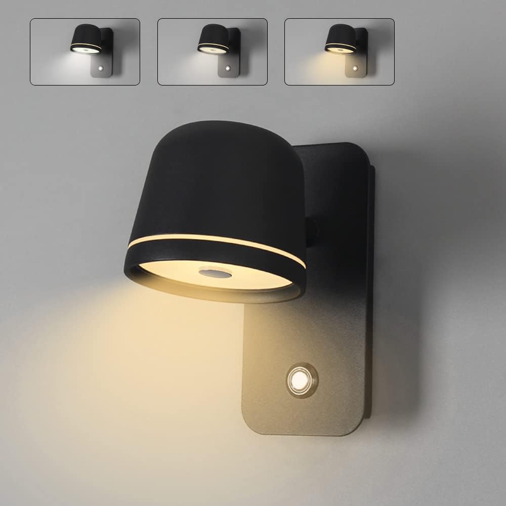 Regulowana lampa ścienna LED, 5 W, czarna, z włącznikiem dotykowym, 3 tryby kolorów, płynne przyciemnianie, regulowana temperatura barwowa