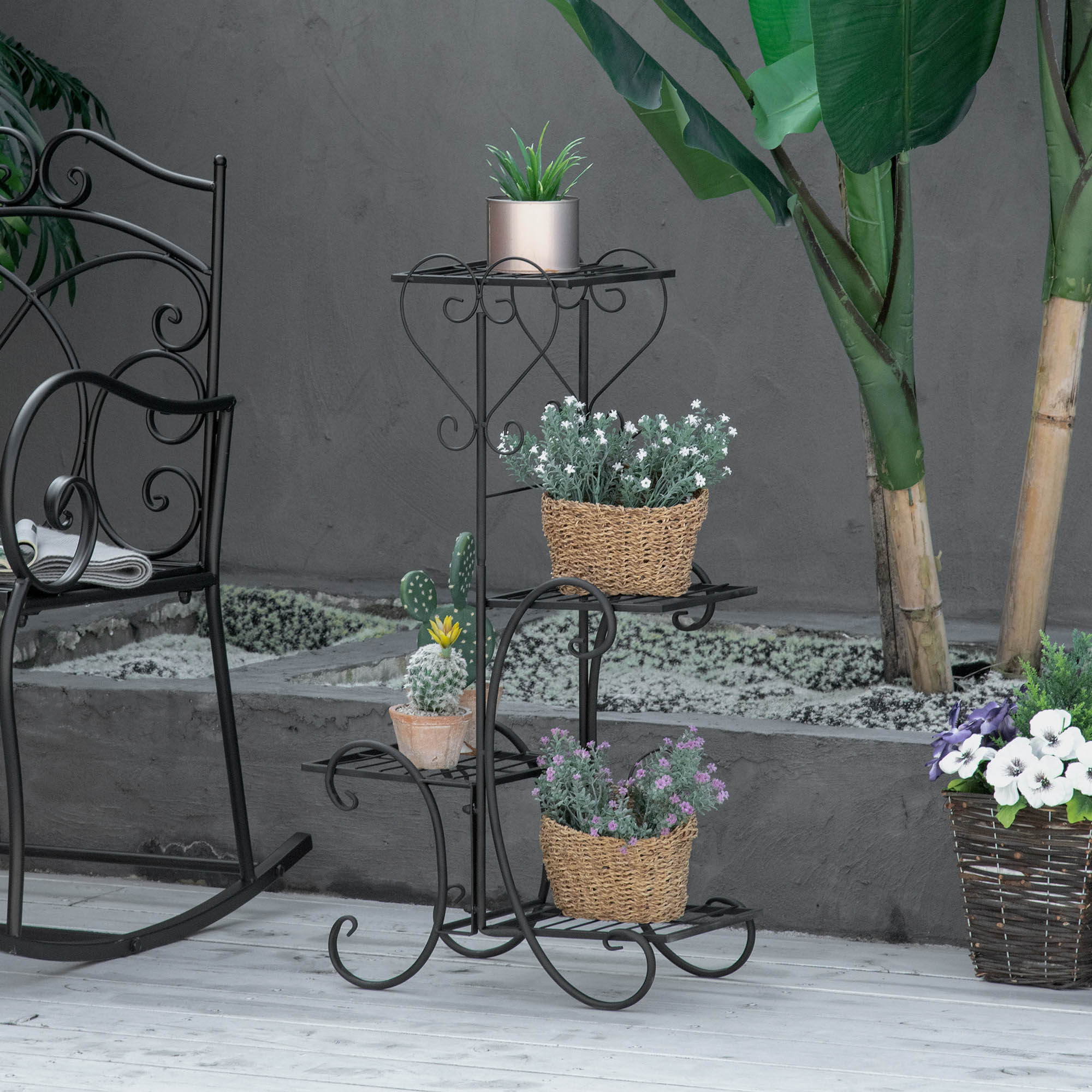 Metalowy stojak na rośliny 4 poziomy Stojak na rośliny Balkon Ogród Drabina dekoracyjna Czarny 45x24,5x80 cm - Elegancki i stabilny