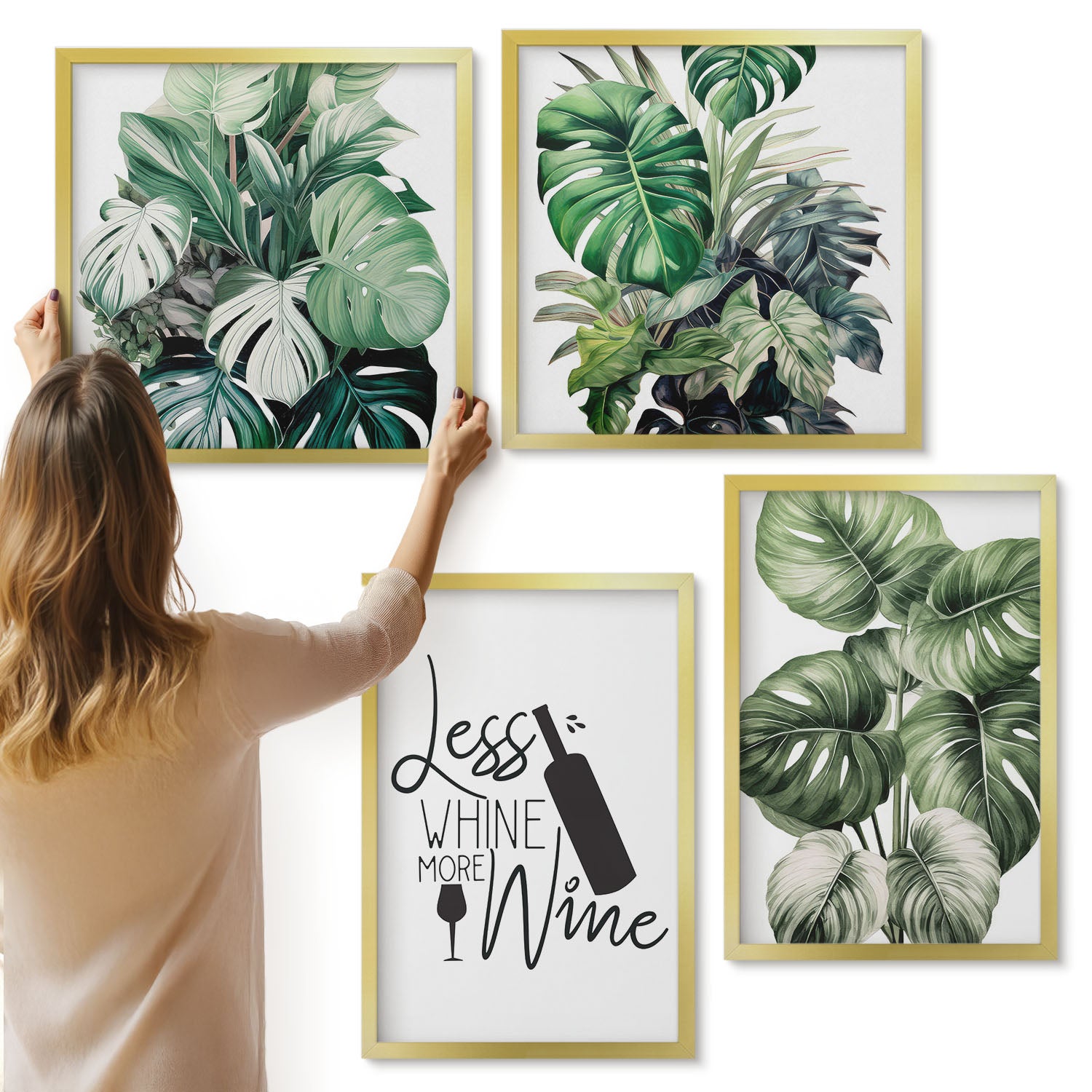 Galeria ścienna 4-częściowy komplet obrazów w złotych ramach - Liście roślin w zielonych odcieniach z napisem o winie - ArtPrintCave
