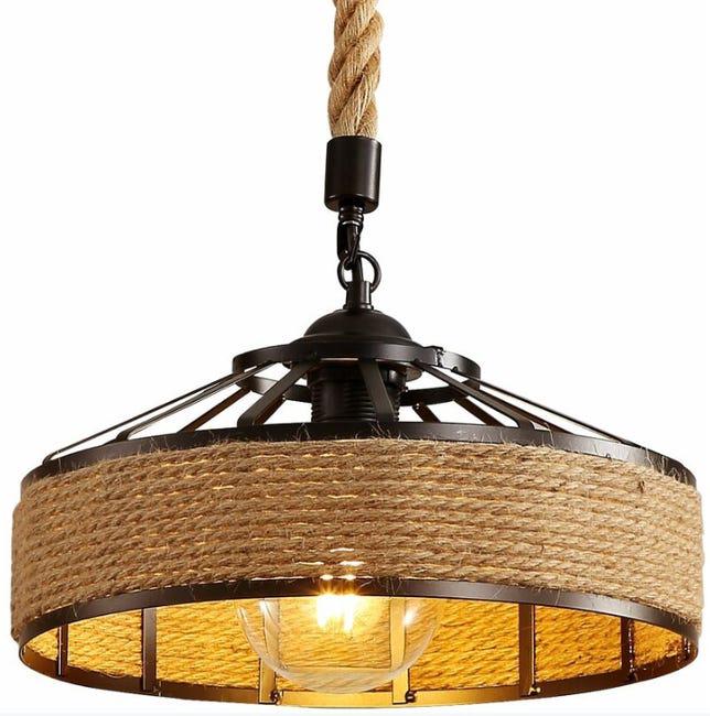 Lampa Wisząca z Liny Jutowej, Retro Lampa Wisząca z Metalowym Kloszem w Kolorze Czarnym, Żyrandol w Stylu Country, Lampa Sufitowa do Korytarza E27 z O