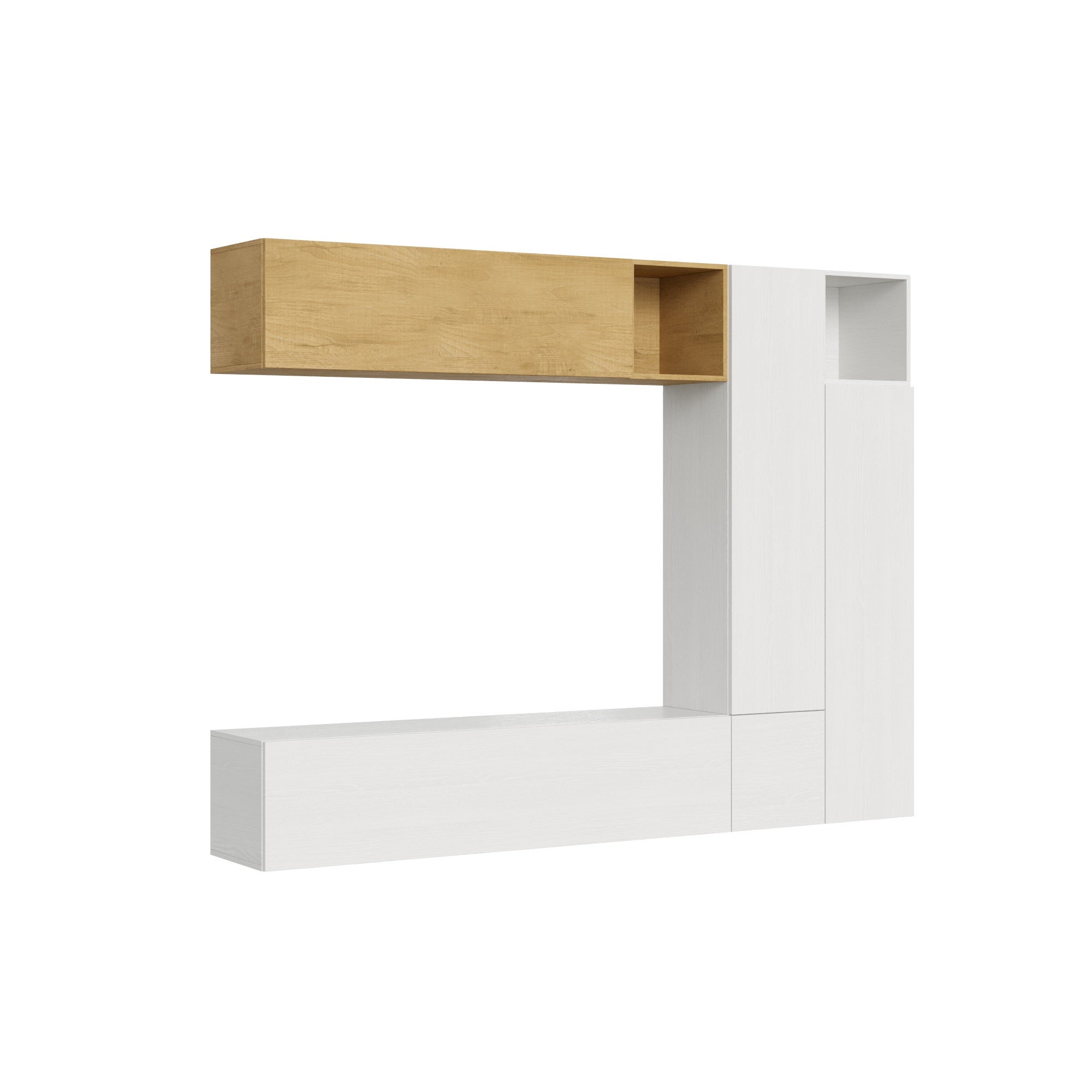 Pared de salón L254xD39.5 blanca y roble A08 moderna suspendida de madera natural