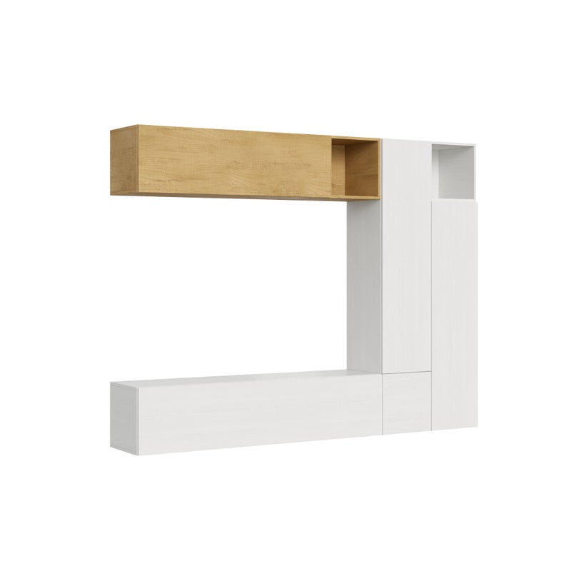 Pared de salón L254xD39.5 blanca y roble A08 moderna suspendida de madera natural