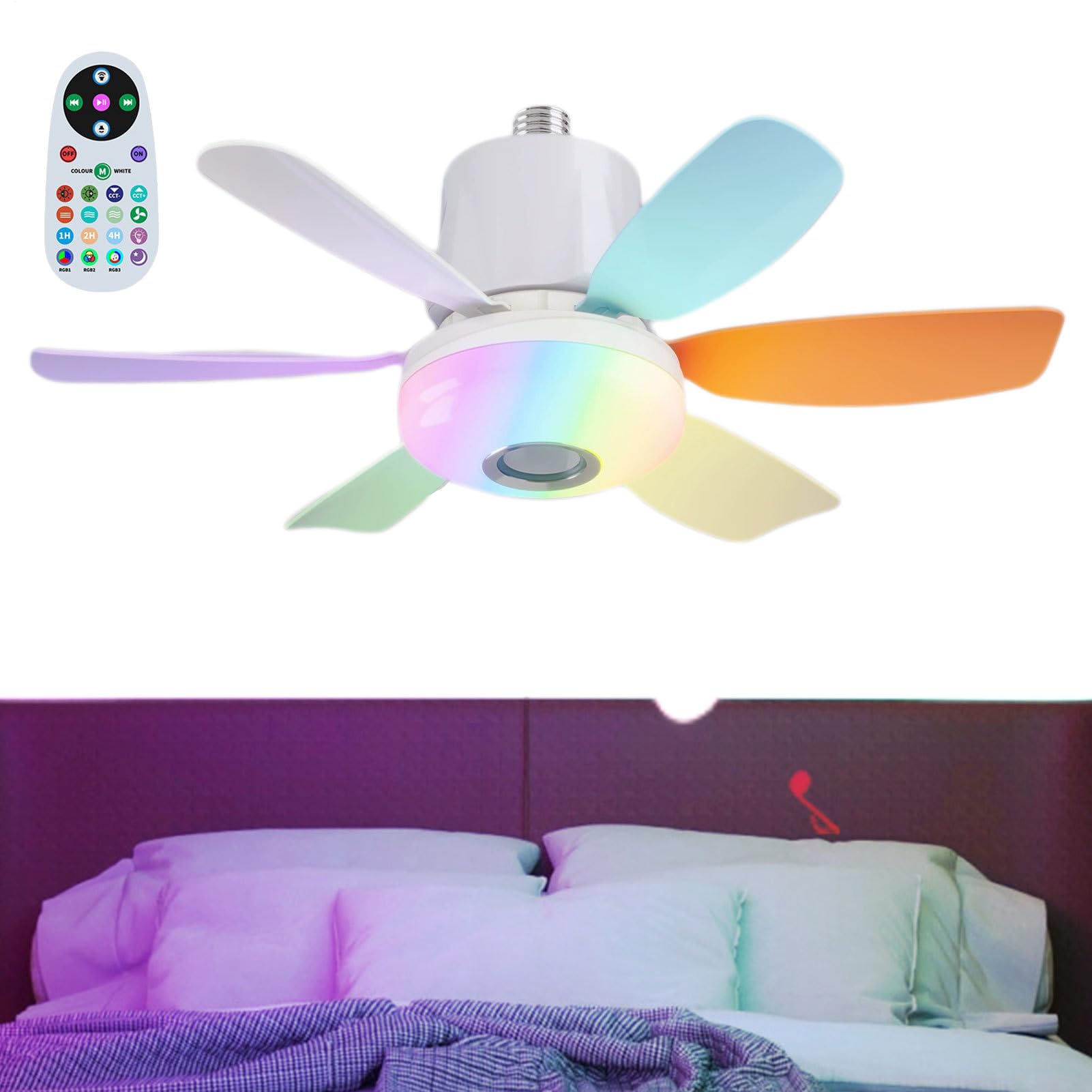 Wentylator sufitowy 48 cm z oświetleniem i pilotem, cichy wentylator sufitowy RGB, trzy temperatury kolorów, trzy prędkości wiatru