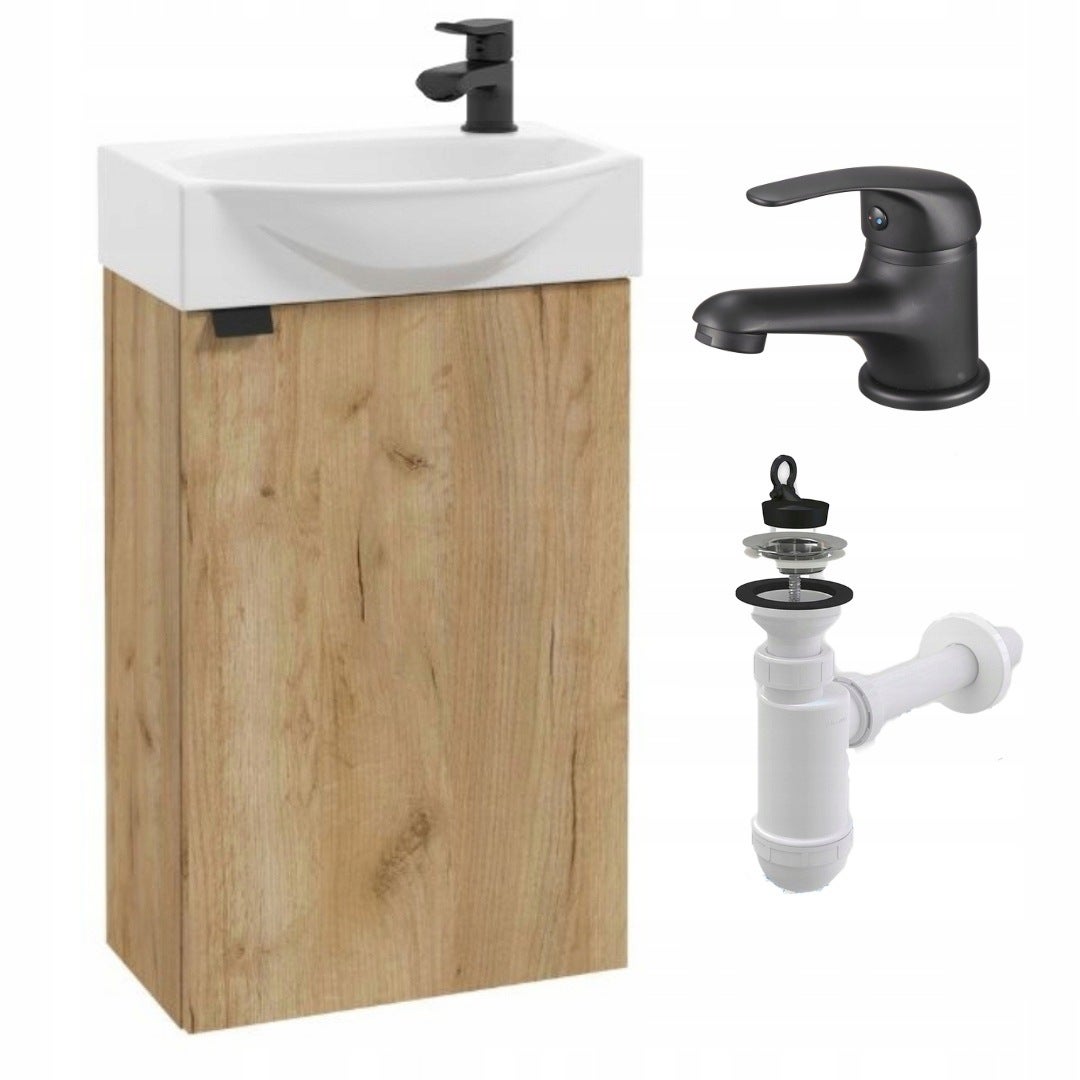 Szafka Łazienkowa Dąb Craft Złoty Mat z Umywalką 40 cm Bateria Mała Syfon