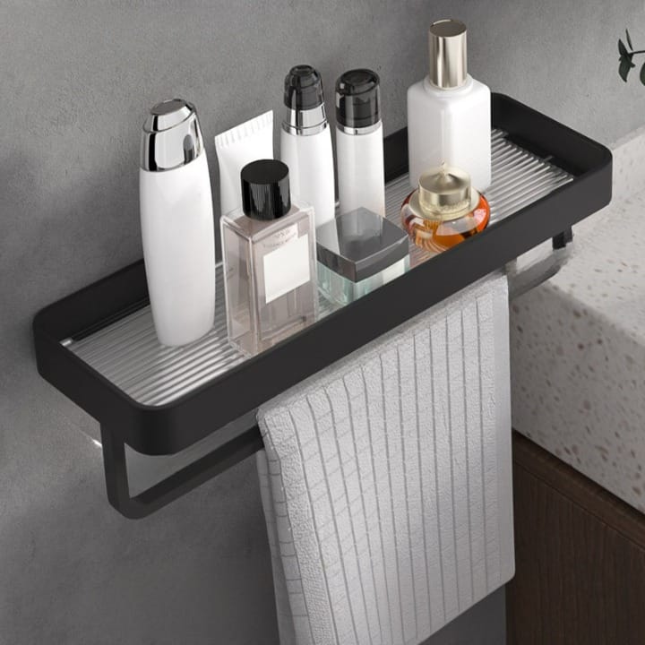 Czarna aluminiowa półka ścienna - z wieszakiem na ręczniki - Praktyczne przechowywanie i nowoczesny design - 50*11,5*3 cm