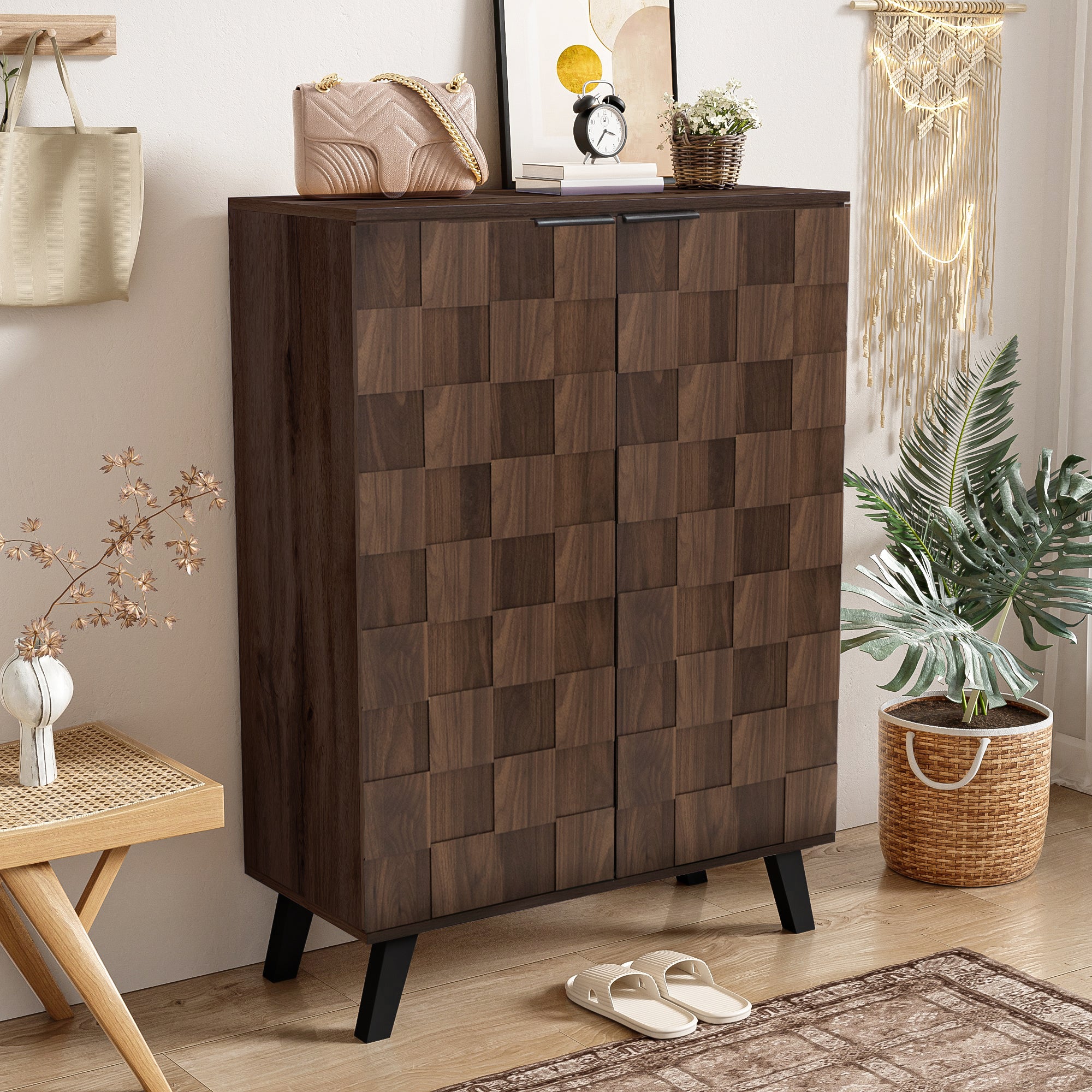 Nowoczesna szafa na buty 80x35x110cm - 2 fronty - 5 przegródek - Regulowane półki - Wykończenie imitujące drewno - Brązowy