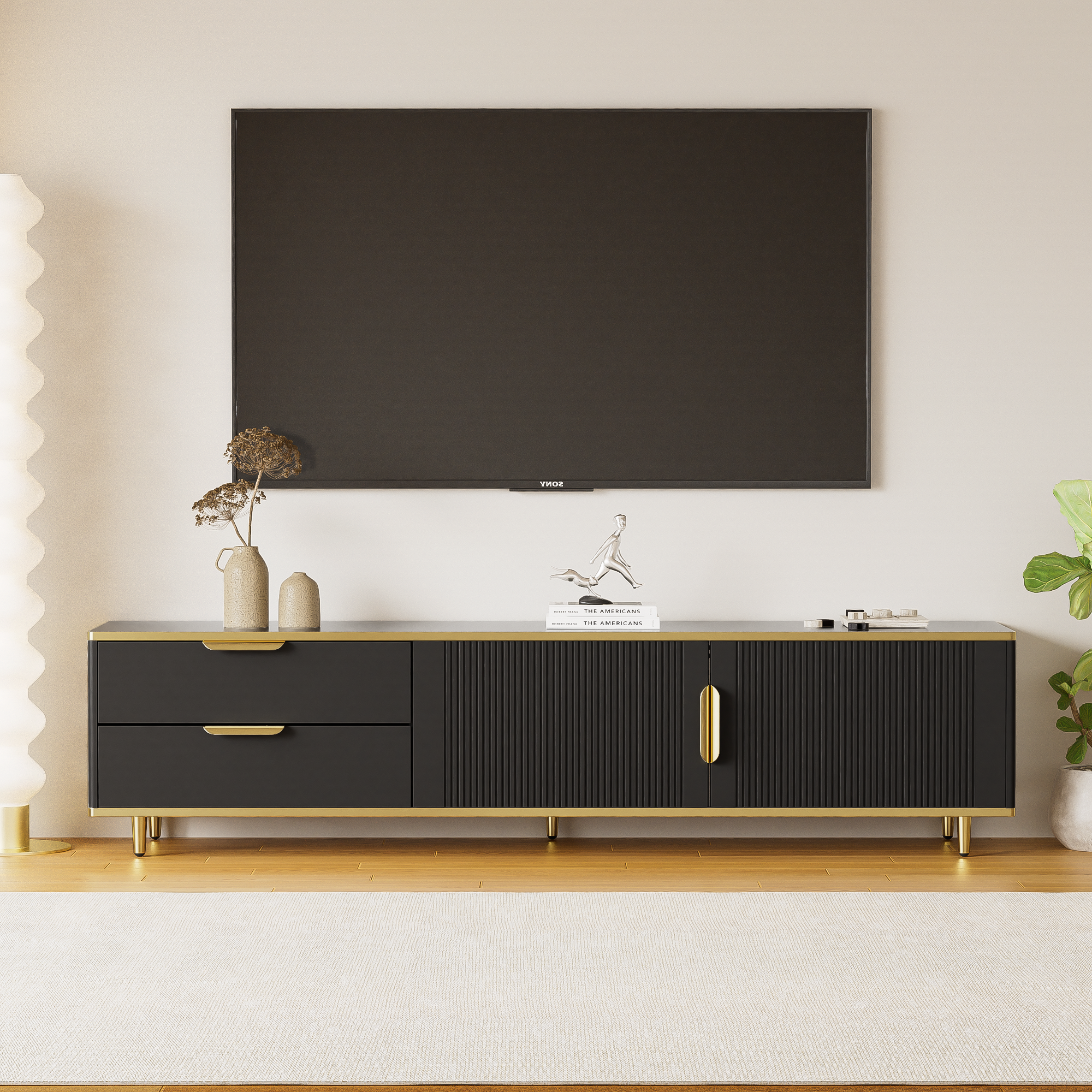 TV-Schrank Lowboard, czarny z złotymi elementami, 175x40x45 cm, particle board, schodzony design, do salonu