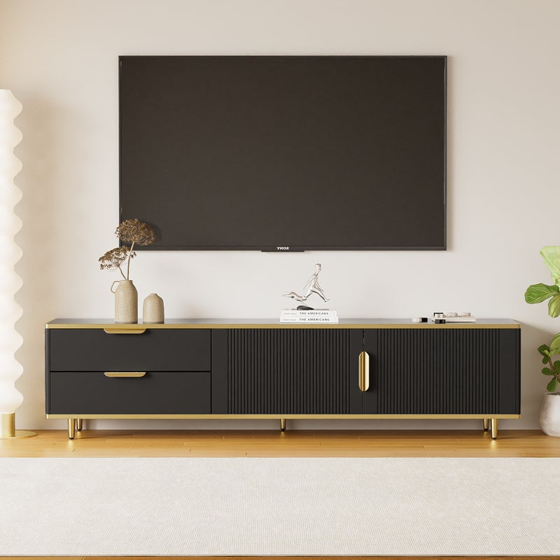 TV-Schrank Lowboard, czarny z złotymi elementami, 175x40x45 cm, particle board, schodzony design, do salonu