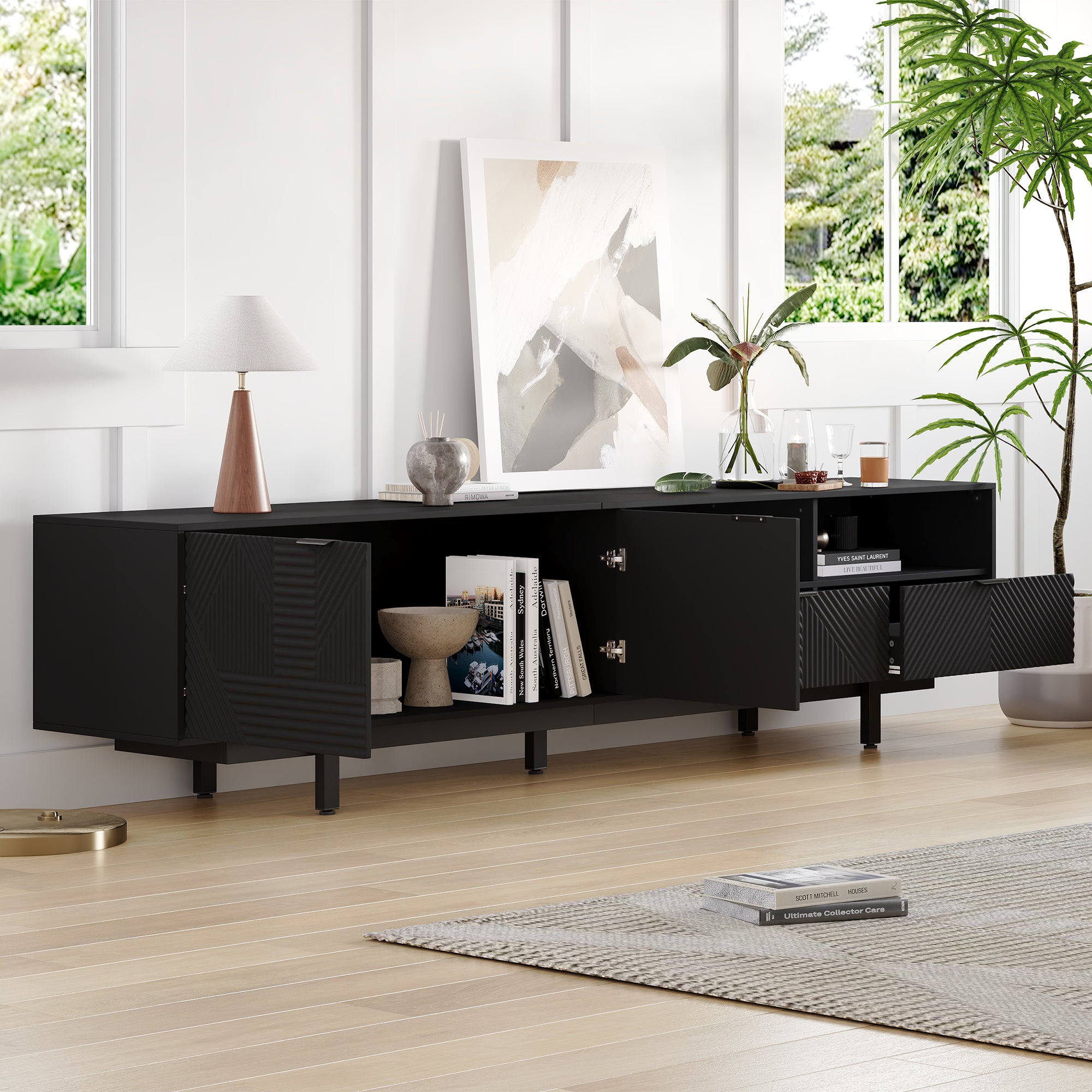 TV-Schrank minimalistyczny czarny z geometrycznymi liniami - 200x40x51cm, do 90 cali, 5 stopek