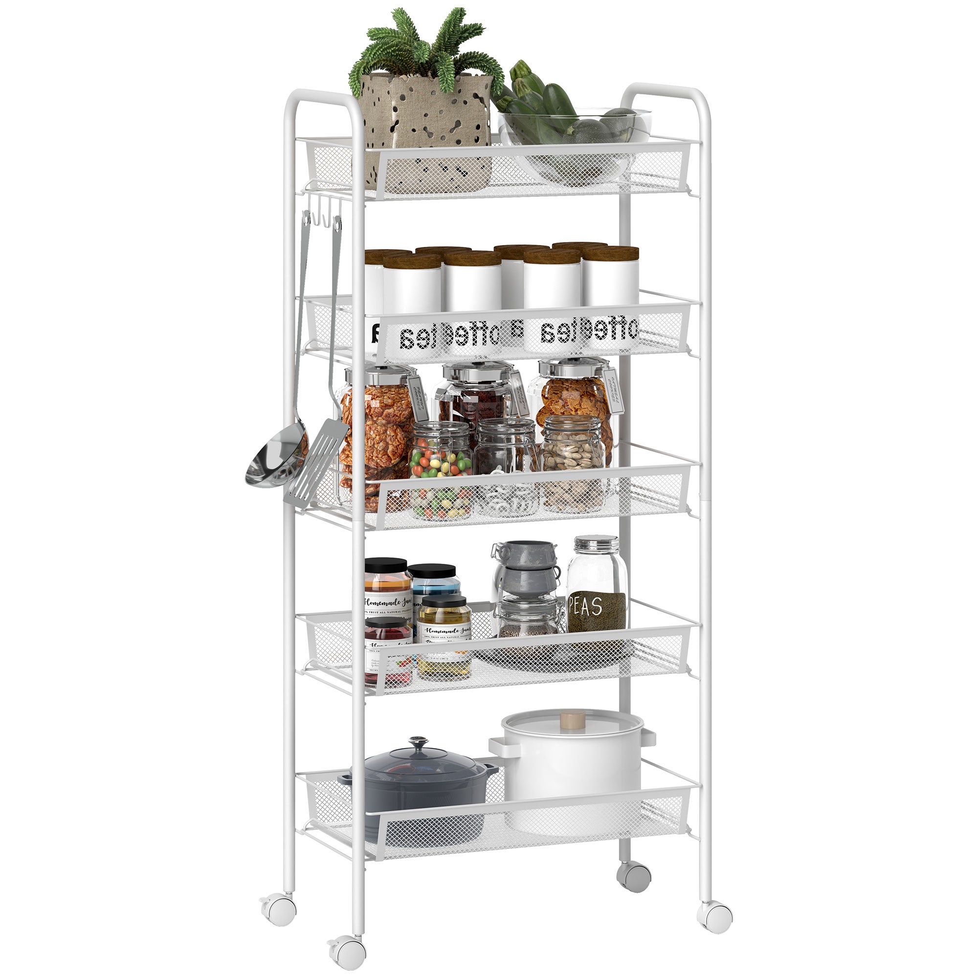 5-Tier Przestrzeń-Saving kuchnia Wózek z Stal Mesh Baskets, 45x26.5x106cm, Biały