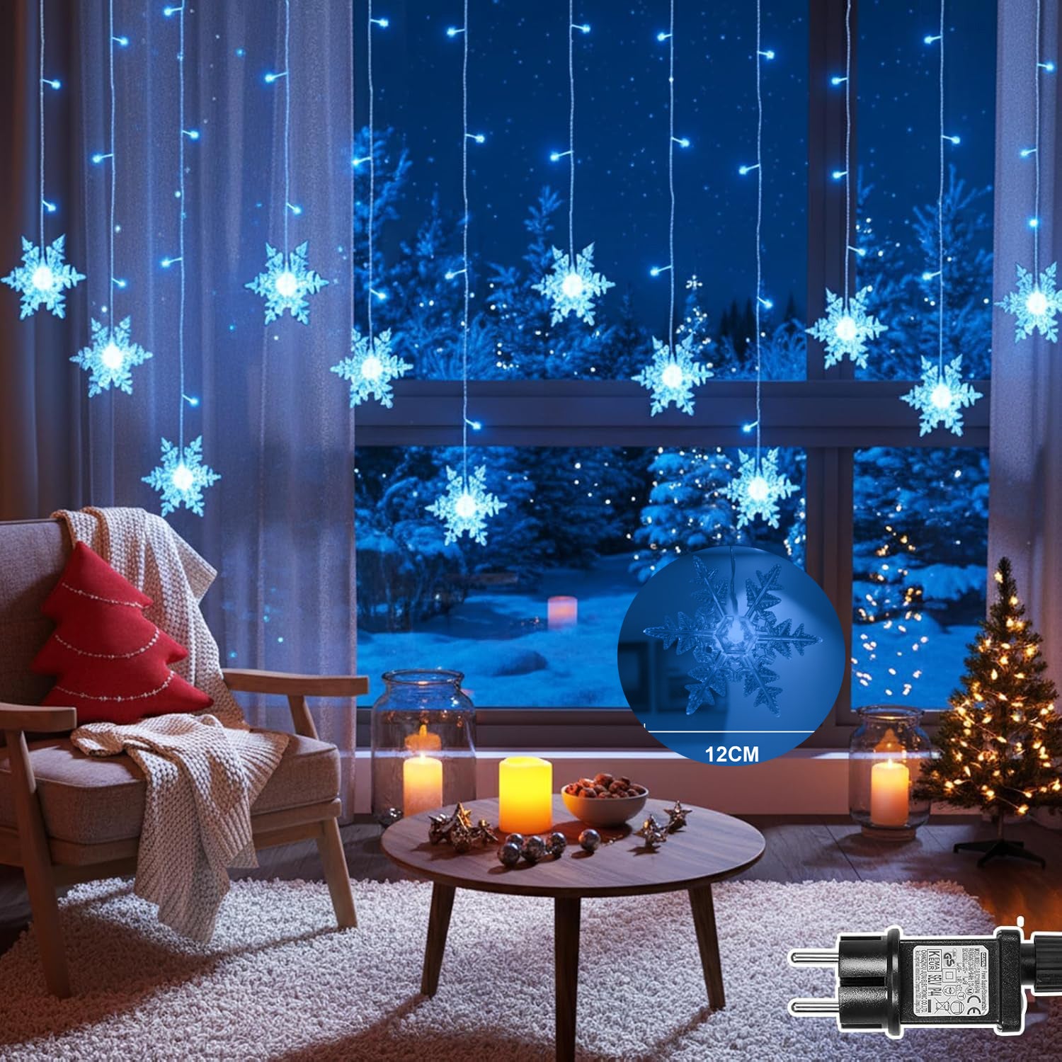 Kurtyna świetlna z płatkami śniegu, 1,8 m, 94 diody LED, łańcuch świetlny z timerem, 8 trybów świecenia i funkcją pamięci Decoration Noel–Niebieski