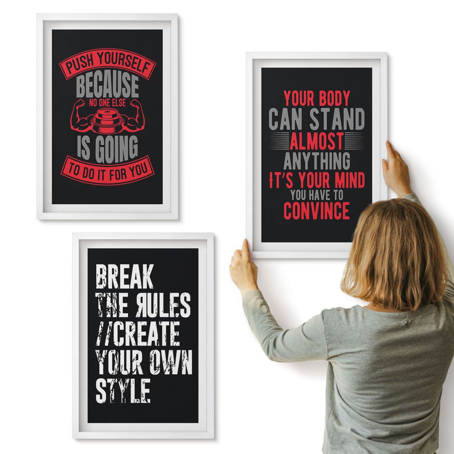 Galeria ścienna 3-częściowy komplet obrazów w białych ramach - Motywacja do treningu i samorozwoju hasła - ArtPrintCave