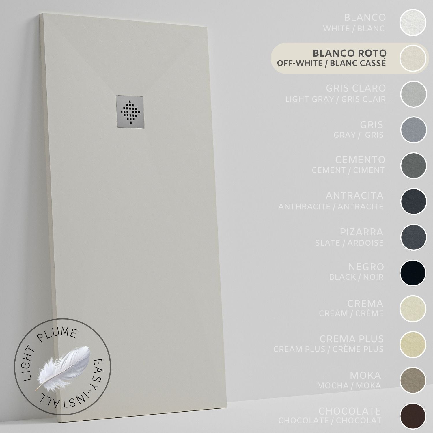 SOULHOME Lekki Brodzik z Żywicy tekstura Łupka złamana biel – 130X75- cm Ultra-płaski Zawiera Syfon i Kratkę