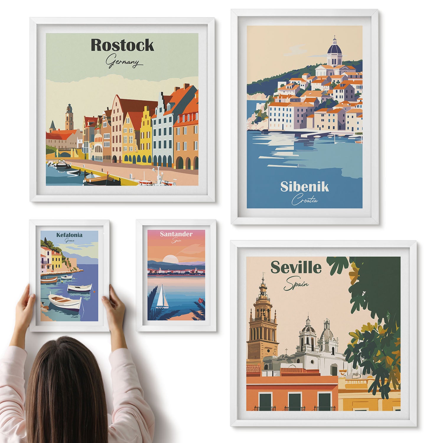 Galeria ścienna 5-częściowy komplet obrazów w białych ramach - Krajobrazy europejskich miast nadmorskich i portowych - ArtPrintCave