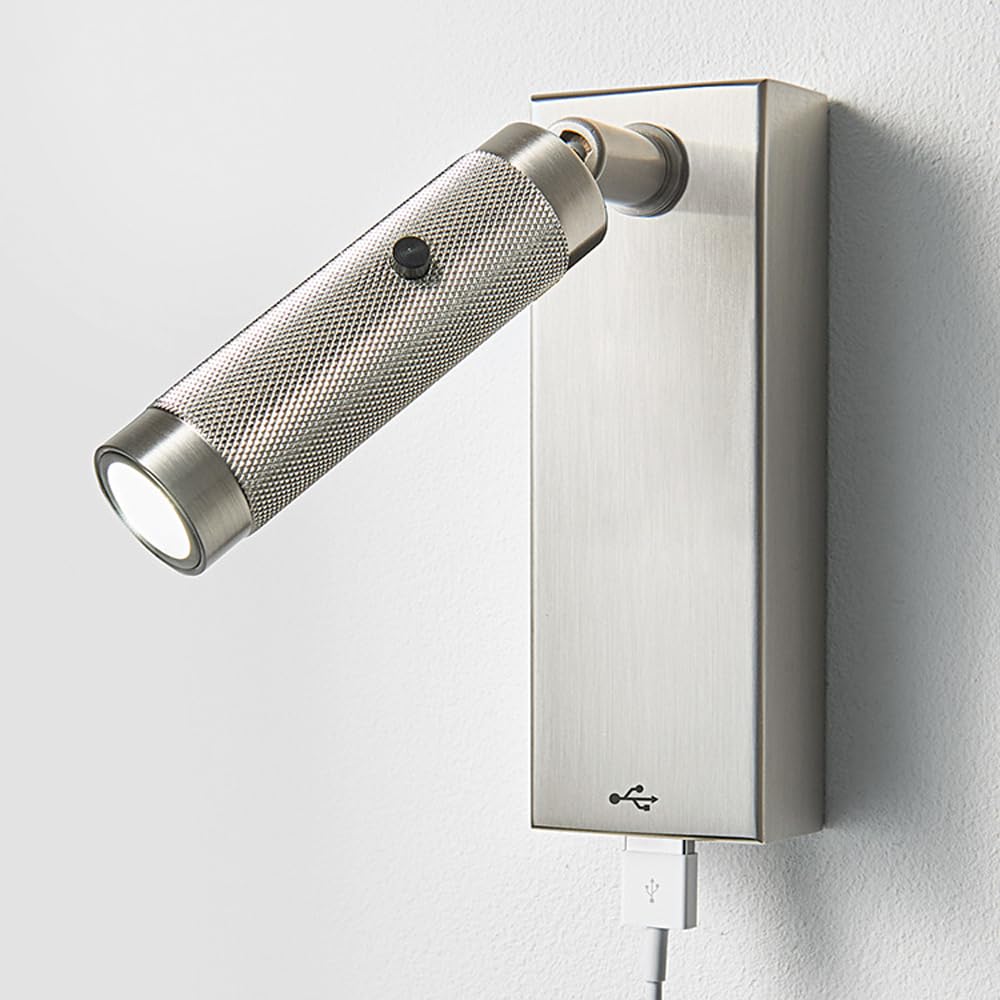 Kinkiet LED, regulowana lampa nocna 350°, kinkiet ścienny z portem USB, obrotowa lampa z aluminium, światło nocne - nikiel piaskowy 4000K