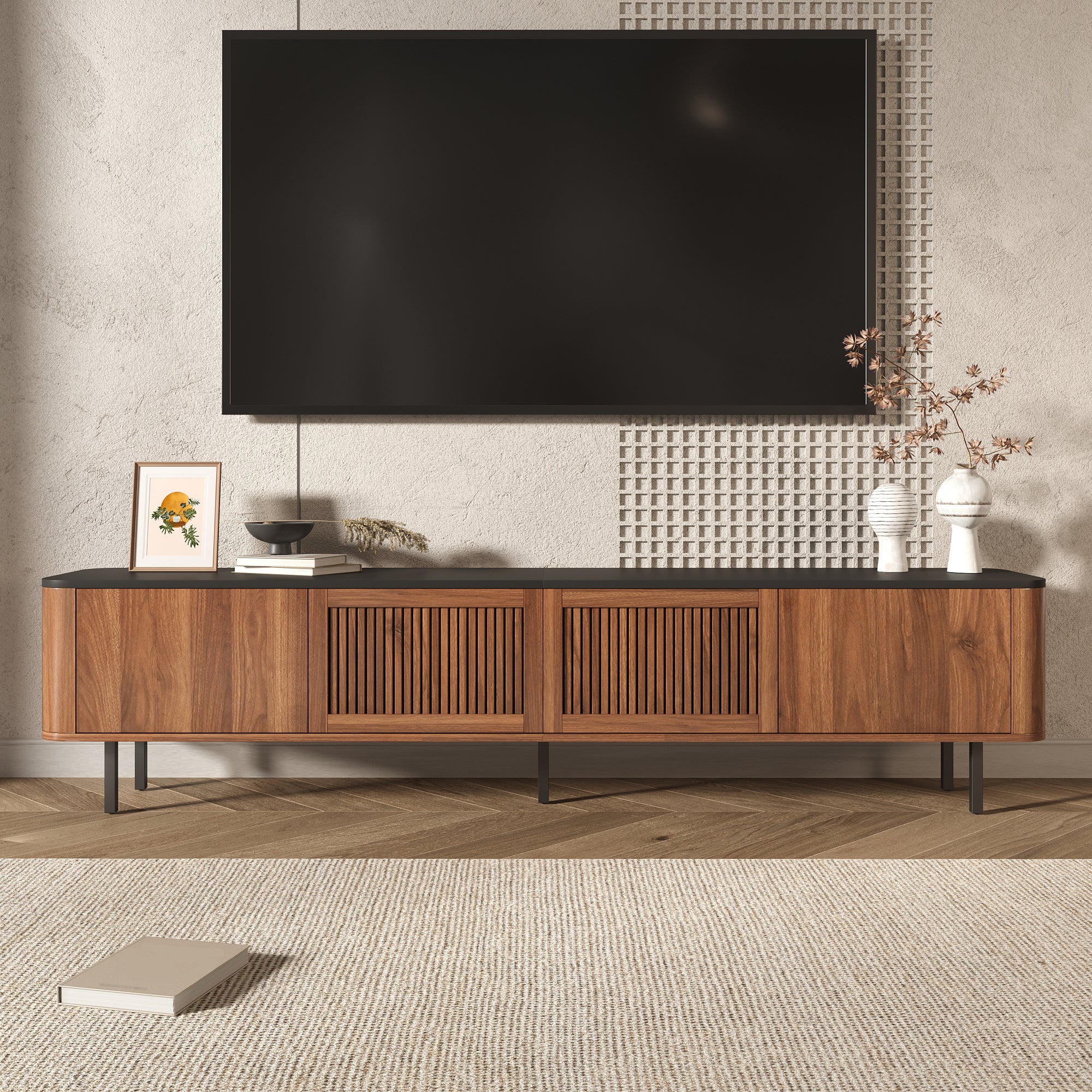 Nowoczesna szafka RTV z 4 drzwiami - 190 x 35 x 45 cm - Płyta MDF i płyta wiórowa - Nogi metalowe - Orzech