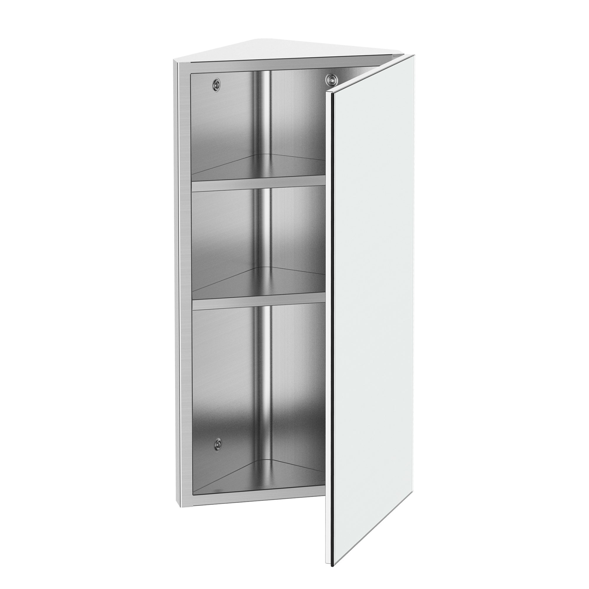 Szafka łazienkowa z lustrem, wisząca szafka narożna do toalety z 2 półkami. Wymiary: 30 dł. x 18,4 szer. x 60 wys. cm. Stal nierdzewna.