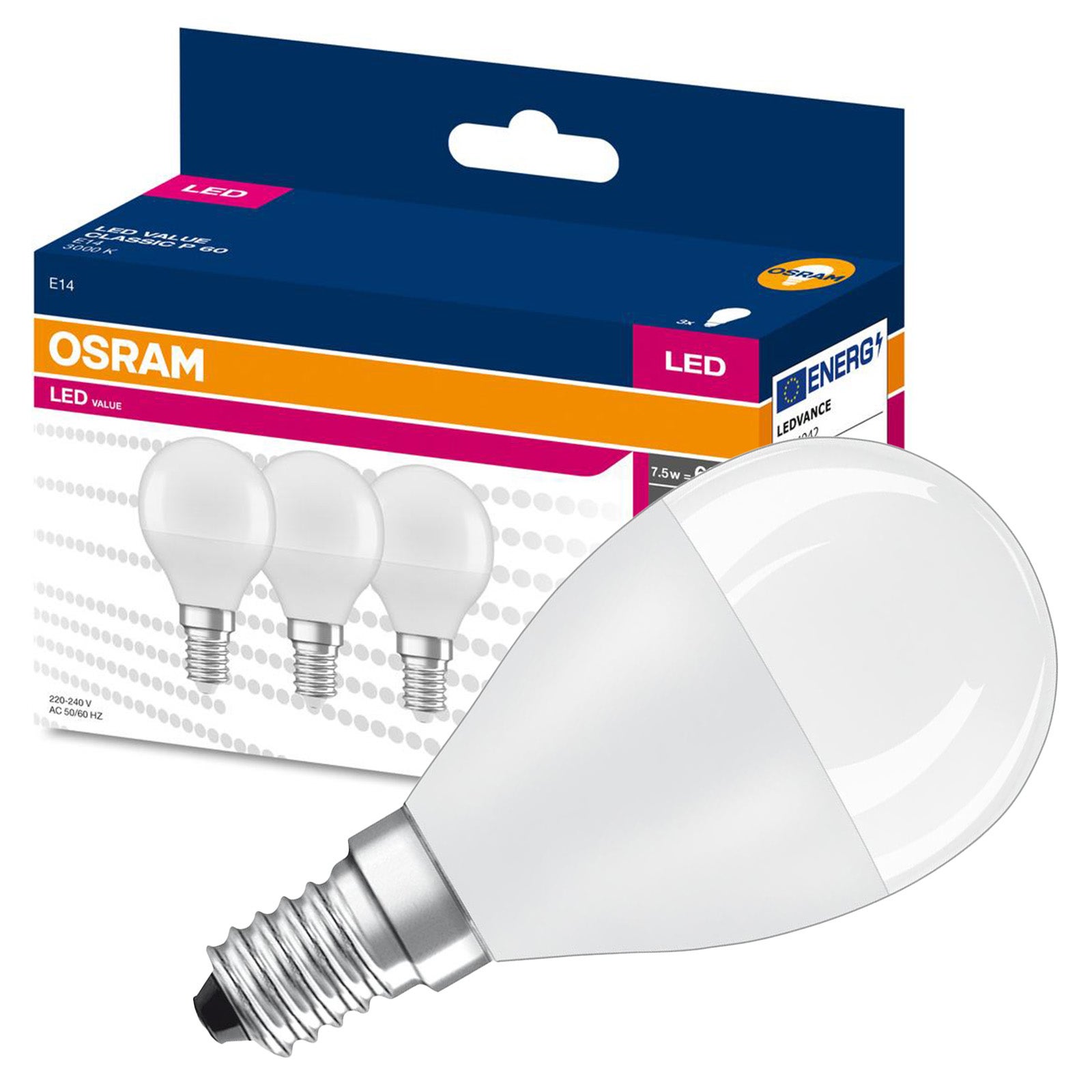 3x Żarówka LED P45 Kulka E14 6.5 W = 60 W 806lm 3000K Ciepła biel 180st. VALUE CLASSIC Osram