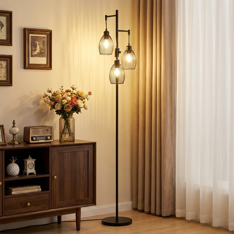 Lampa podłogowa industrialna z 3 kloszami i regulowanym ściemniaczem, wykonana ze stali, 30x30x170,5 cm, czarna