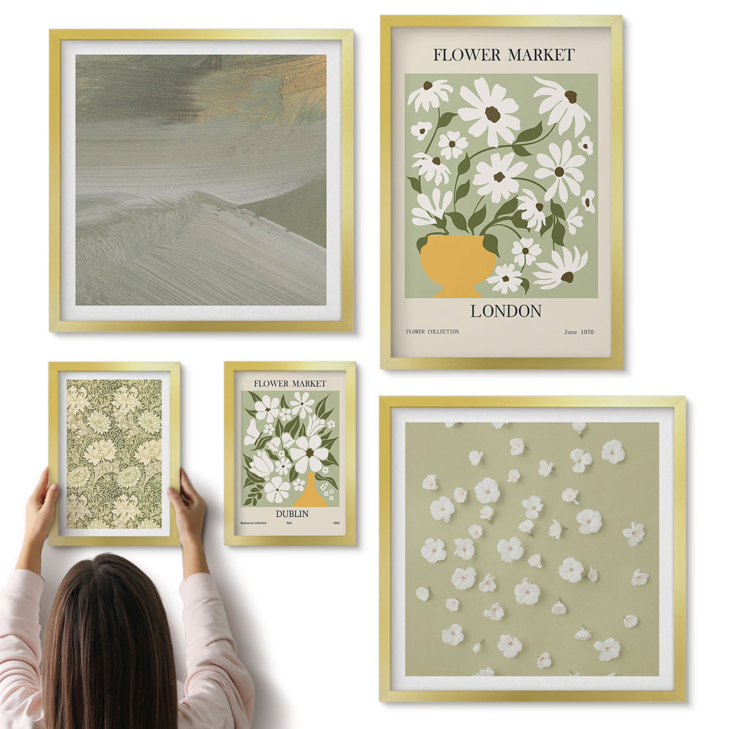 Galeria ścienna 5-częściowy komplet obrazów w złotych ramach - Kwiatowe motywy na tle miejskich rynków i pejzaży - ArtPrintCave