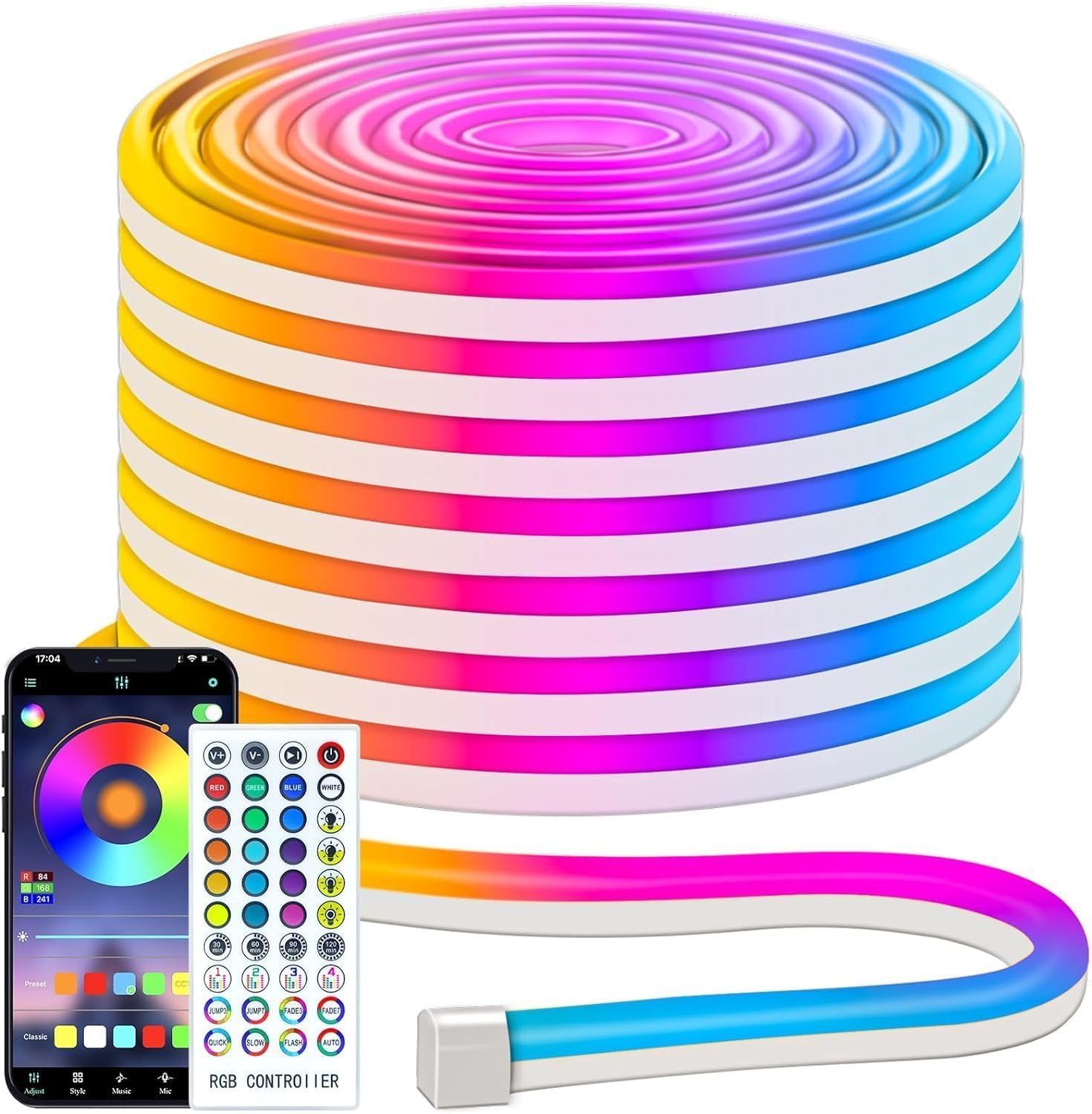 15-metrowa taśma świetlna LED RGB, sterowana za pomocą aplikacji (pilot w zestawie). Lampy neonowe 24 V, odpowiednie do użytku wewnątrz pomieszczeń.