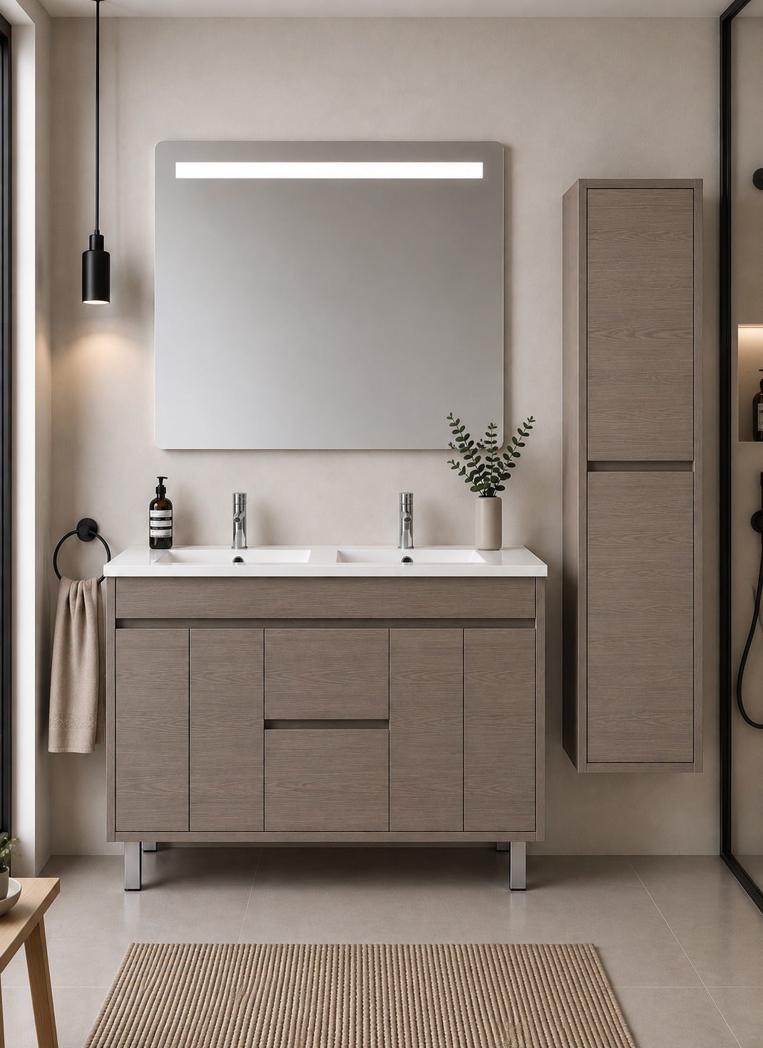 Szafka łazienkowa z umywalką ORIGENBATH ISQUIA bez lustra 120x45 cm podwójna umywalka dąb smoky z kolumną