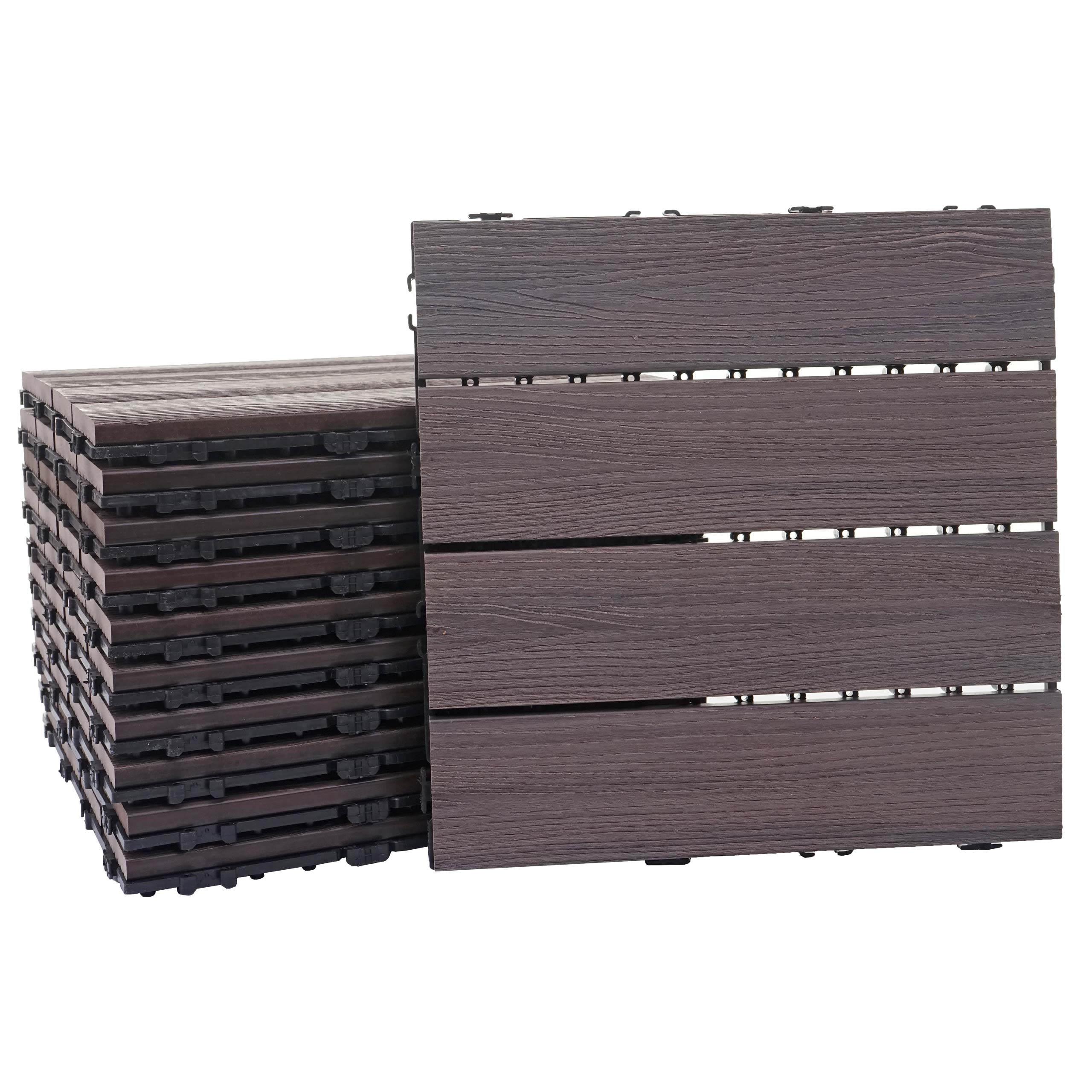 Płytka podłogowa WPC HWC-E20, balkon/taras o wyglądzie drewna, struktura 3D liniowa ~ 11x po 30x30cm = 1sqm, wytłaczana szaro-brązowa