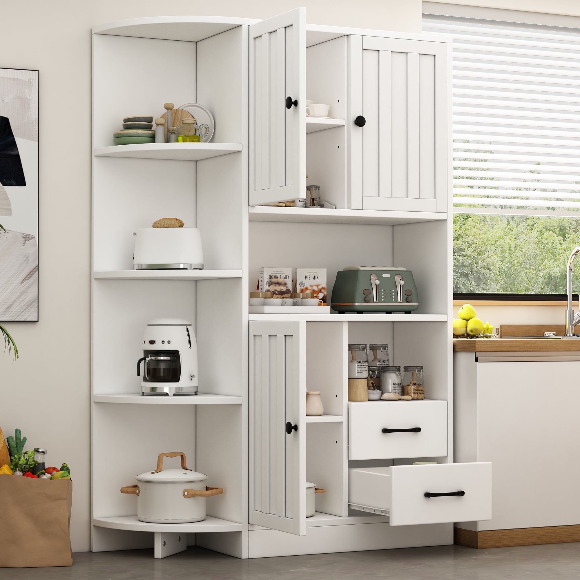 Szafki narożne z 3 drzwiami, 2 szufladami i 4 przegrodami - 104 x 35 x 155 cm - Płyta wiórowa - Kolor biały