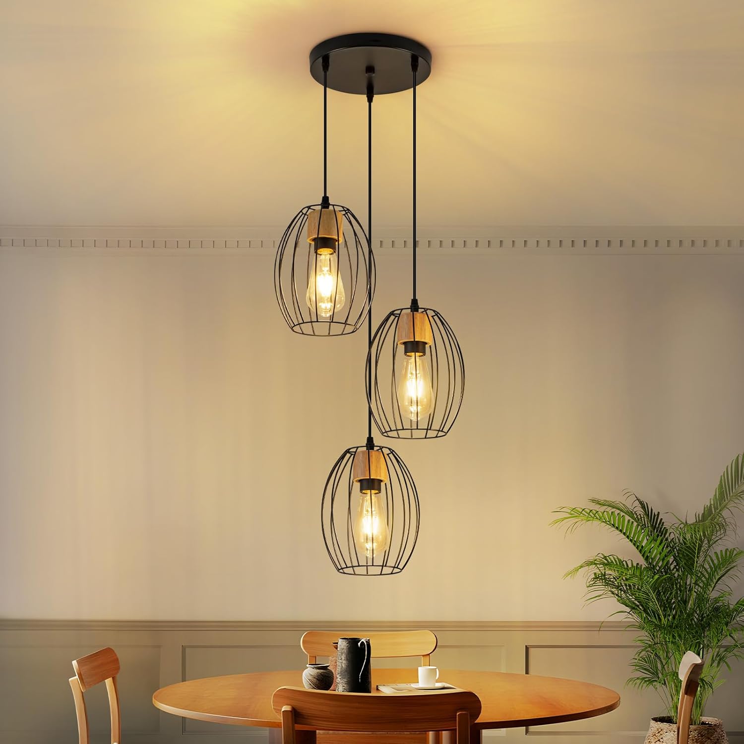 Lampa wisząca Nettlife Vintage z 3 żarówkami – żyrandol industrialny, czarny metal i drewno, gniazdo E27 – kuchnia(żarówki nie są dołączone)