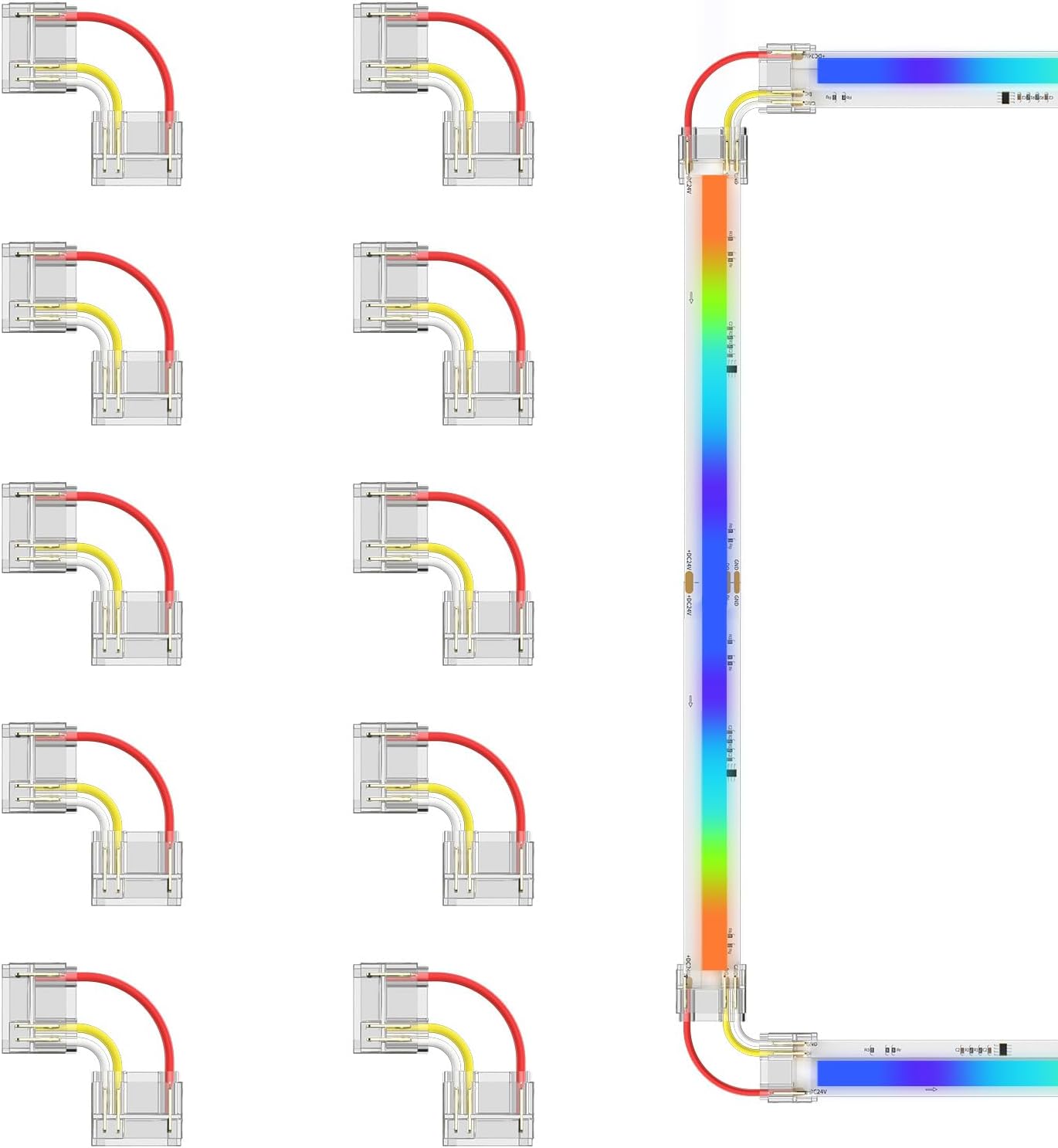 Złącza 10 x 12 mm, złącza narożne w kształcie litery L, przedłużacz bez lutowania do 3-pinowych inteligentnych taśm LED RGB COB. Nie nadaje się do t