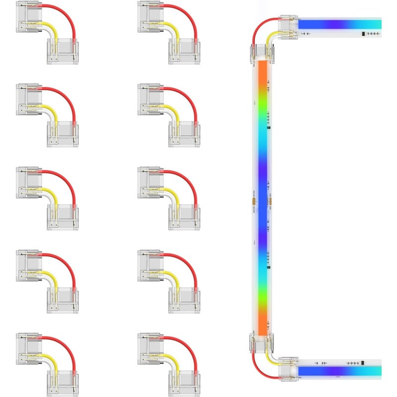 Złącza 10 x 12 mm, złącza narożne w kształcie litery L, przedłużacz bez lutowania do 3-pinowych inteligentnych taśm LED RGB COB. Nie nadaje się do t
