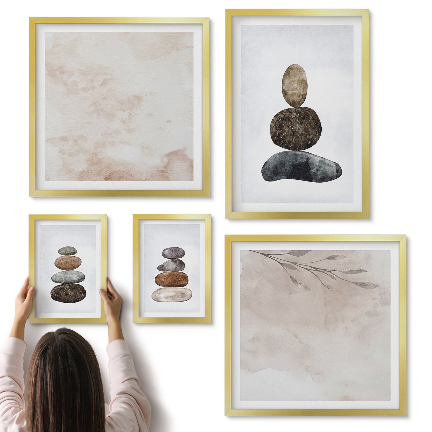 Galeria ścienna 5-częściowy komplet obrazów w złotych ramach - Stosy kamieni minimalistyczne malarstwo boho - ArtPrintCave