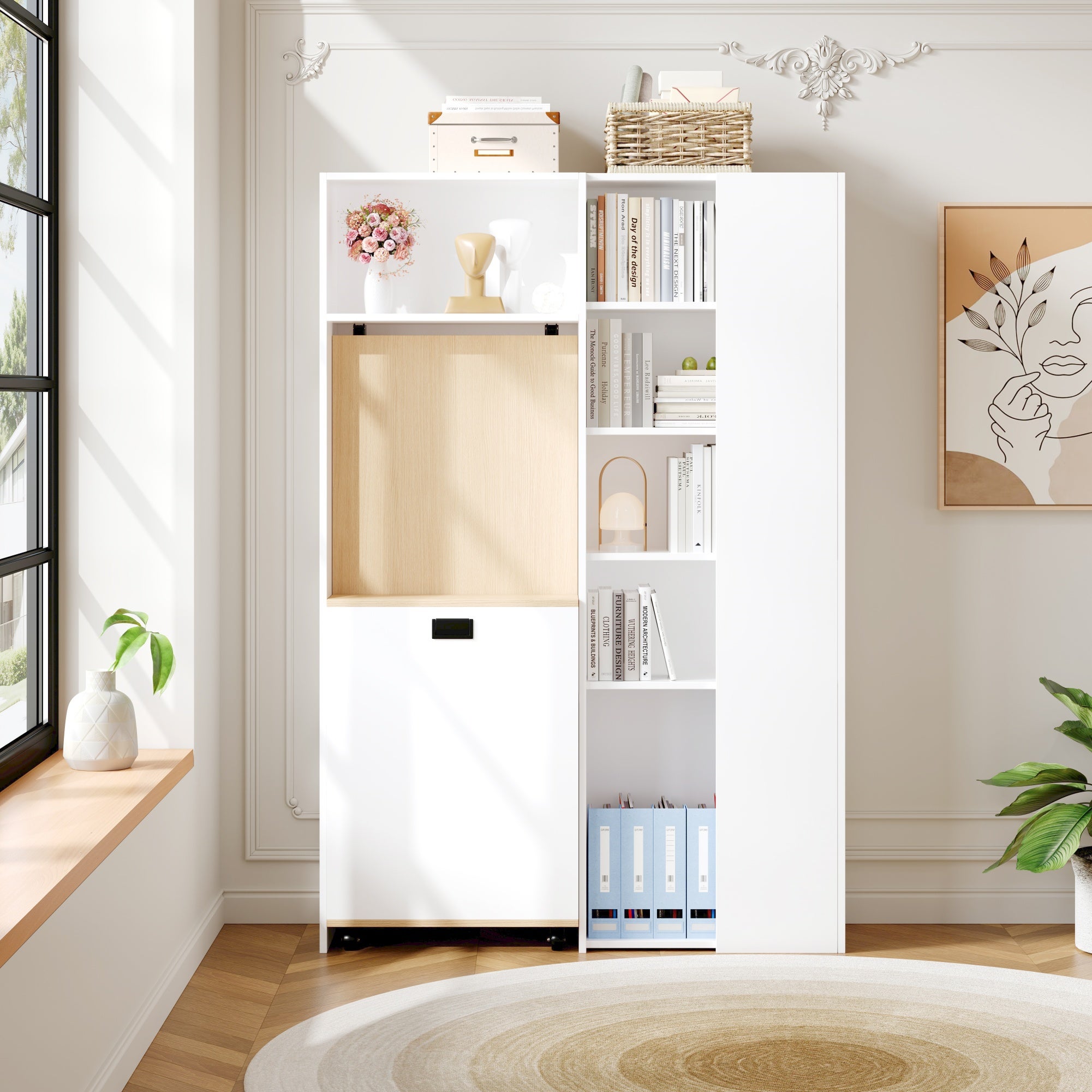 Biurko składane 104,5 x 30,5 x 160 cm - z regałem - gniazdkami i portami USB - regulowane półki - z kółkami - białe + naturalne