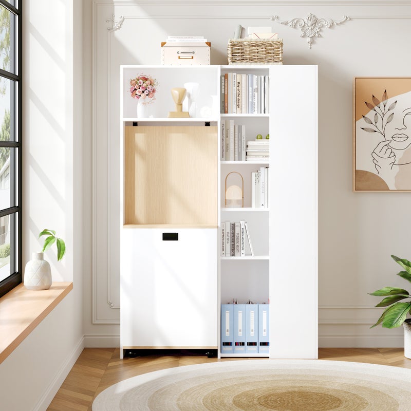 Biurko składane 104,5 x 30,5 x 160 cm - z regałem - gniazdkami i portami USB - regulowane półki - z kółkami - białe + naturalne