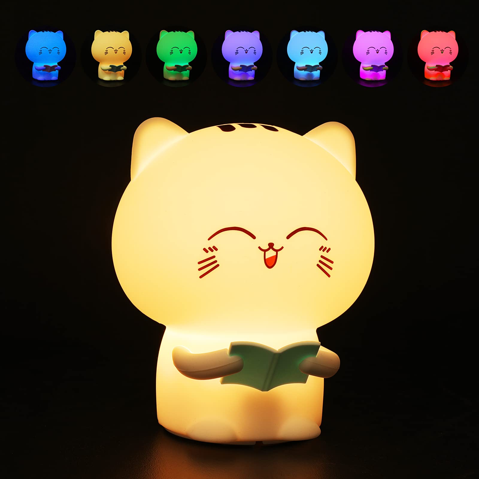 Lampka nocna dla dzieci w kształcie kota czytającego książkę, lampka nocna z 7 kolorami, lampka LED do pokoju dziecięcego, urocza lampka nocna