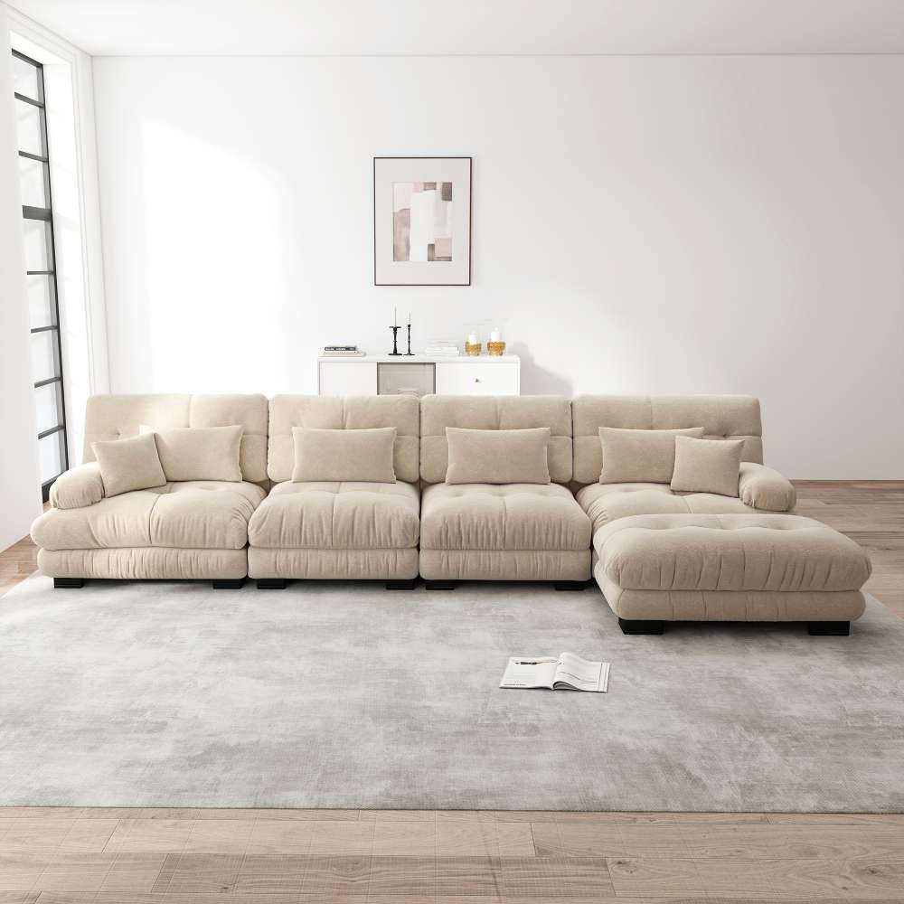 Narożnik modułowy, sofa 4-osobowa z ruchomym pufem, wygodne siedzisko, zestaw do samodzielnego montażu, tkanina Chenille, ergonomiczna konstrukcja