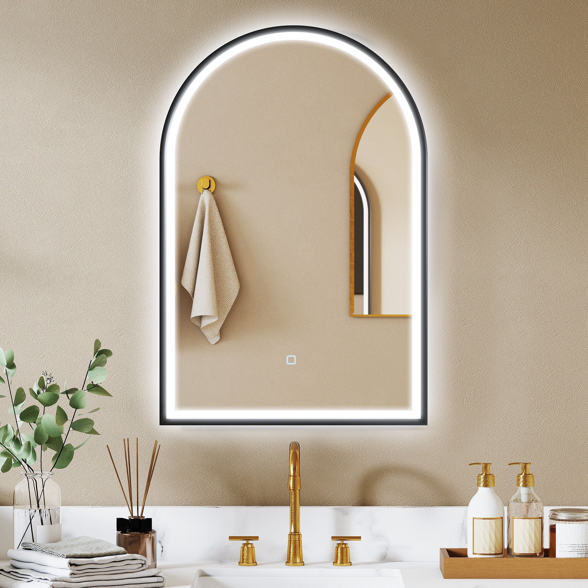 Lustro Łazienkowe LED 60x90 cm, Ścienne Lustro Łukowe Czarna Rama Antypara, Ściemniane Światło 3 Kolory Dotykowe do Nowoczesnej Łazienki