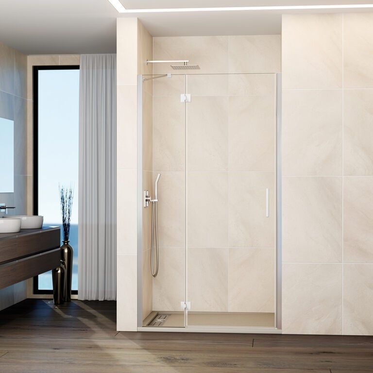 Kabina frontowa GLASS panel stały + drzwi uchylne 75 cm (69,5-75; stały 20+drzwi 50) chrom szkło przezroczyste