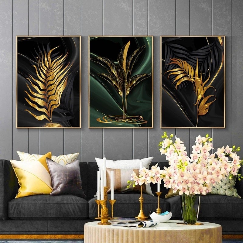 (20 × 30 cm) 3-częściowy obraz na płótnie w stylu nordyckim z motywem złotych liści, obraz na płótnie, fototapeta do salonu, sypialni, wystroju domu,