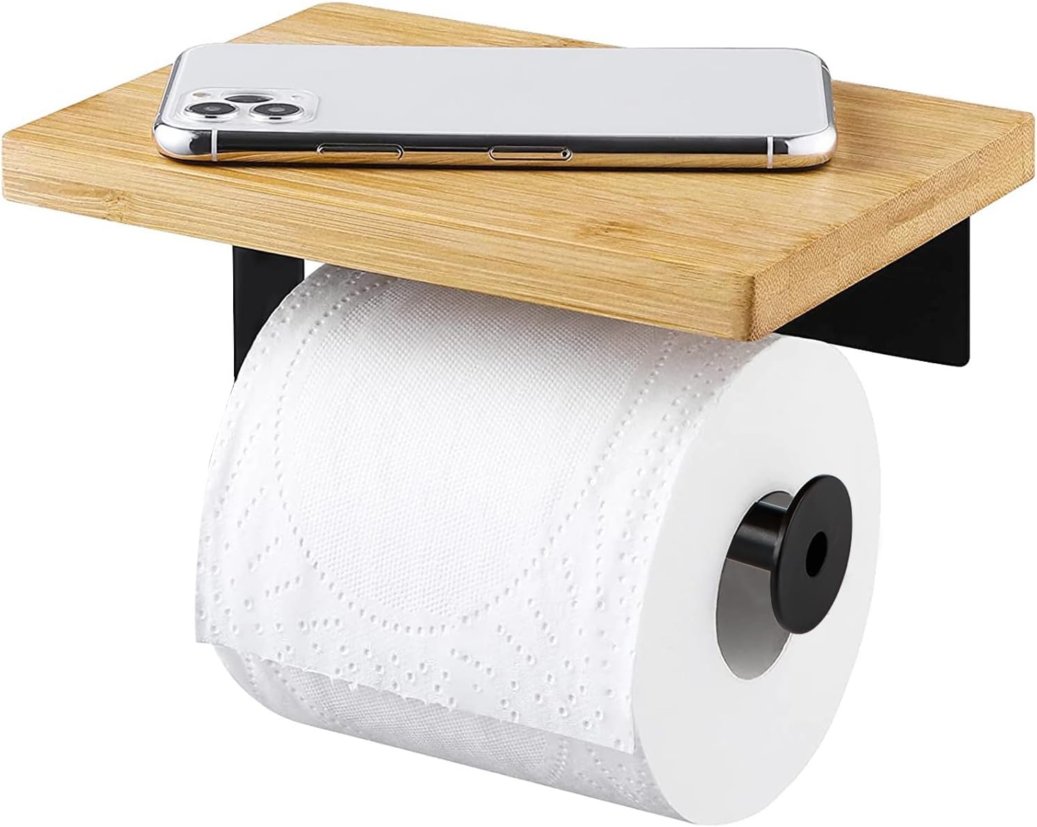 Uchwyt na papier toaletowy, uchwyt na papier toaletowy z bambusową półką, ścienny dozownik papieru toaletowego, uchwyt na rolkę papieru, samoprzylepn