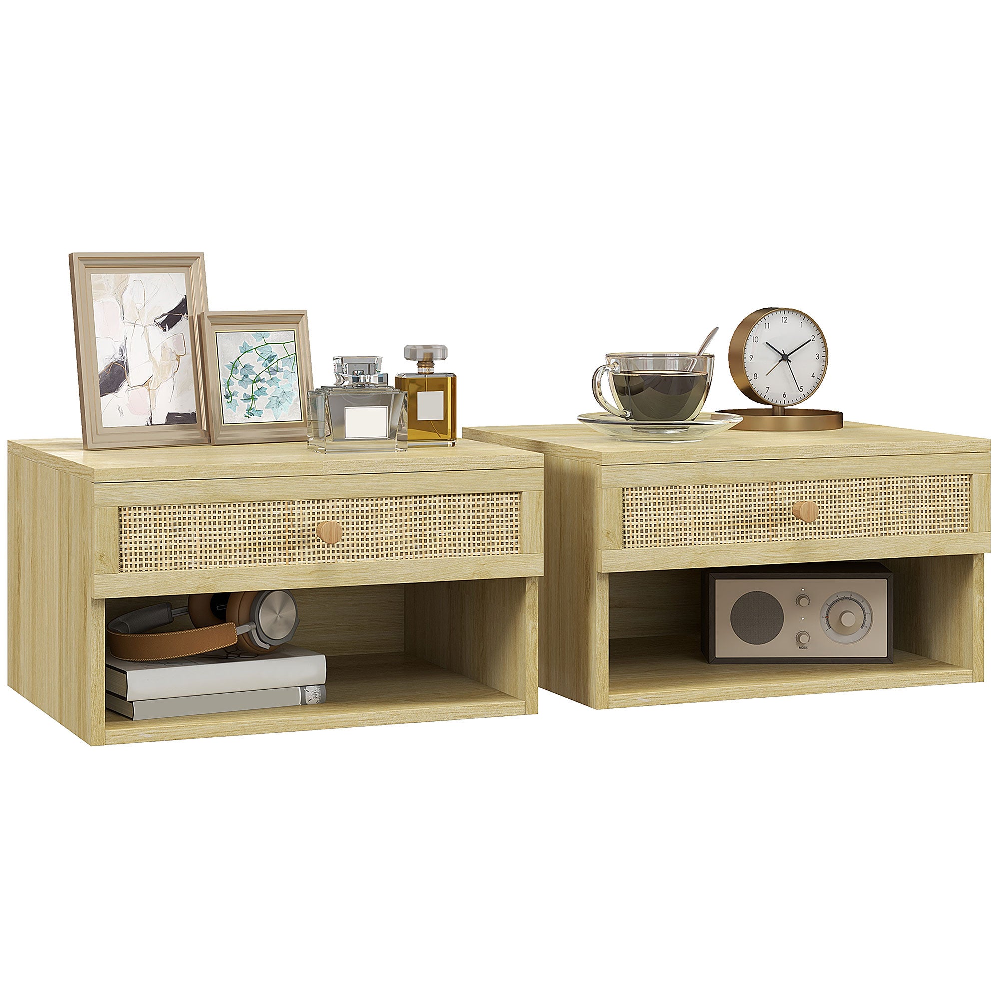 Zestaw z Dwa Rattan Panel Floating Bedside Stoły - Drewno - Efekt